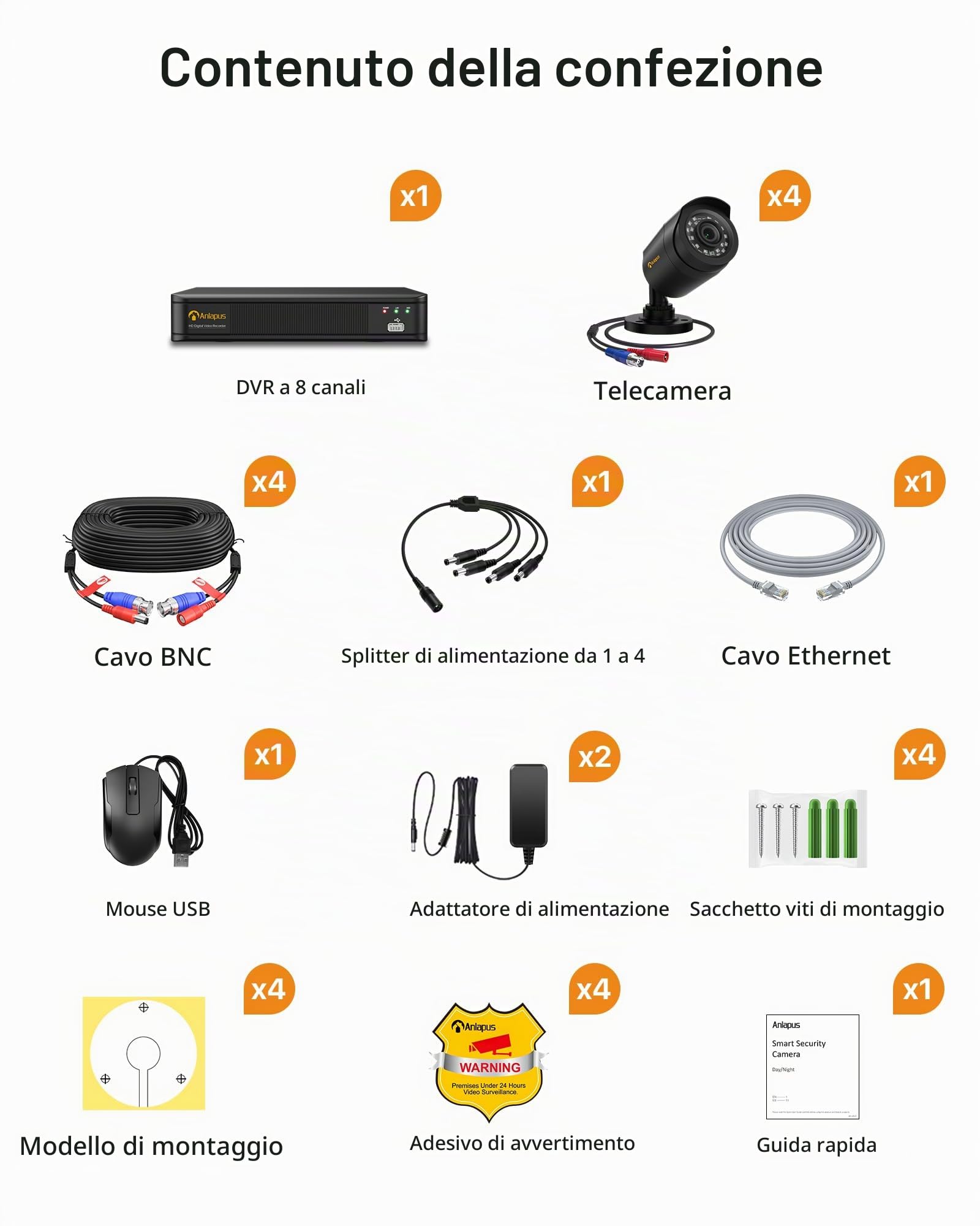 Anlapus 1080P - Videocamera di sorveglianza esterna 8 CH H.265+ DVR con 1TB HDD + 4 Bullet Camera 20M IR Visione Notturna compatibile PC/Mac