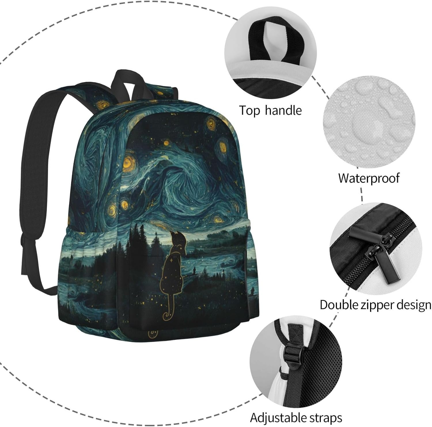 DEKIFNHG Black Cat Starry Night Backpack Casual Sports Bookbag School Laptop Backpack for Students Boys Girls - Image 3