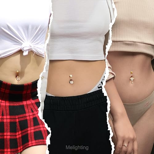 Miniatura 6 de Melighting Piercing de ombligo de acero inoxidable 316L azul de 14G para mujer, circonita cúbica transparente, planeta, ombligo, luna, ombligo,