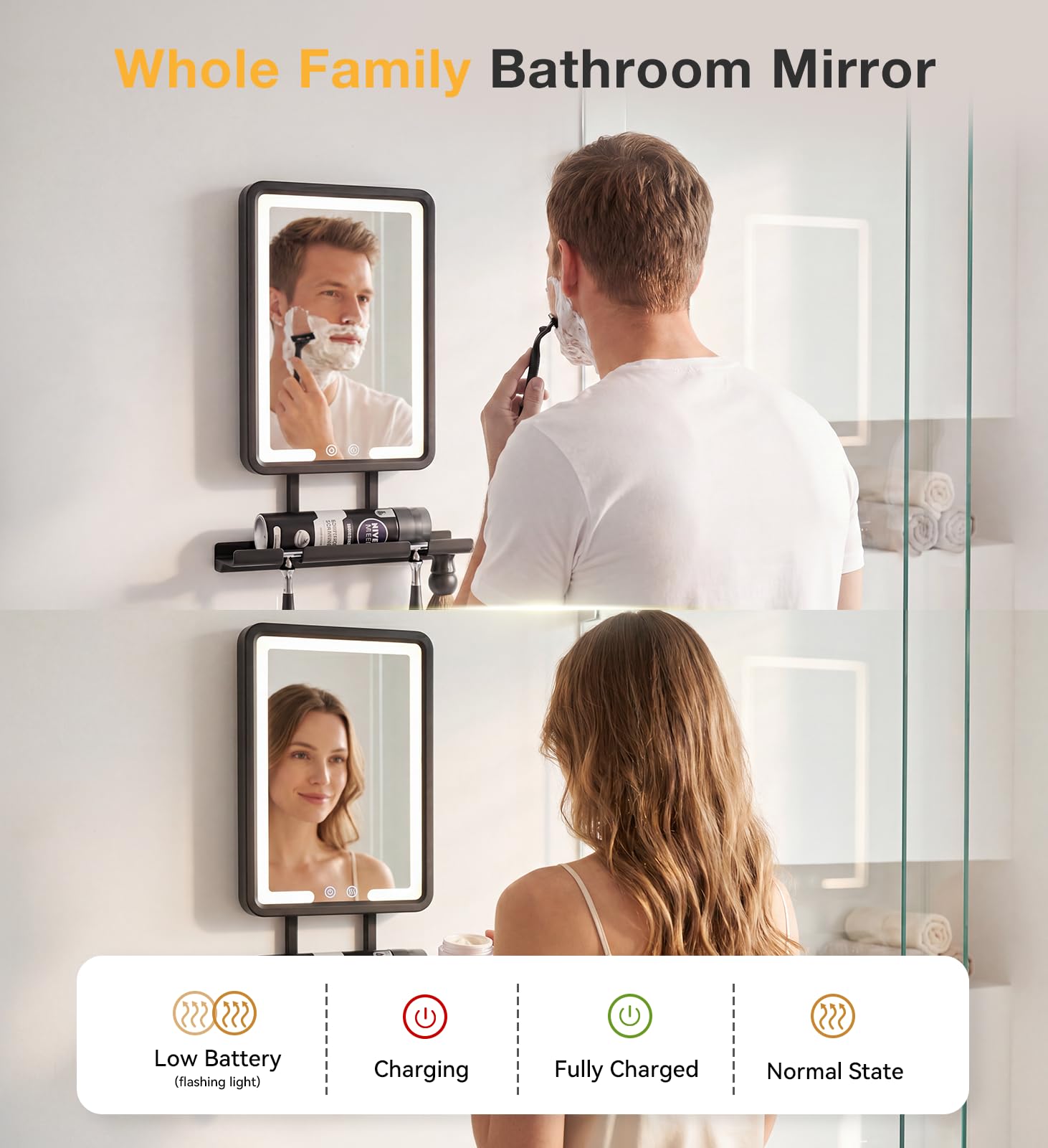 Black Rechargeable Heated Fogless Shower Mirror with LED Light
