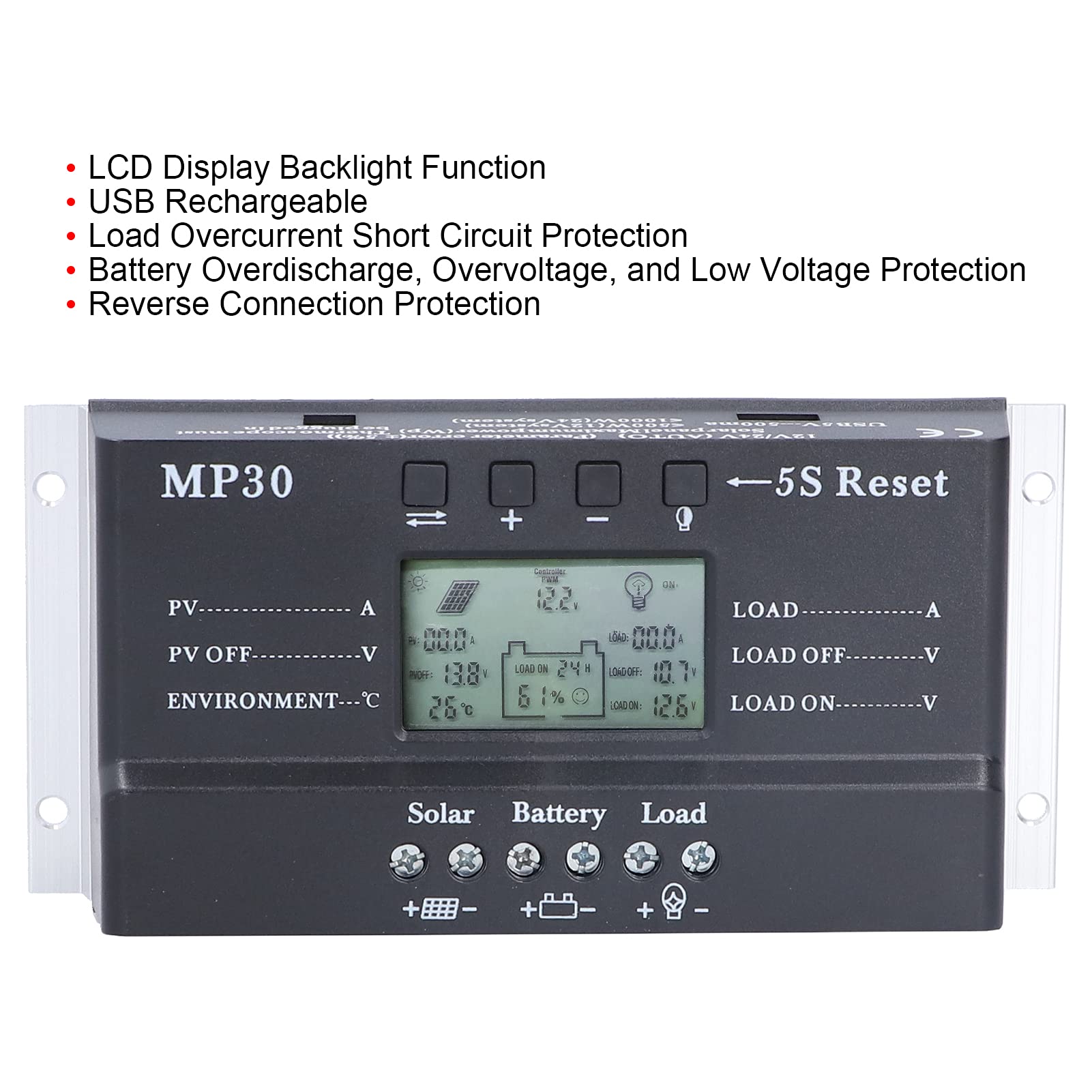 Controlador de carga solar MPPT 30A 12 24V Pantalla LCD Retroiluminación Protección del circuito Puerto USB Regulador de aleación de aluminio Manager del paquete de energía para