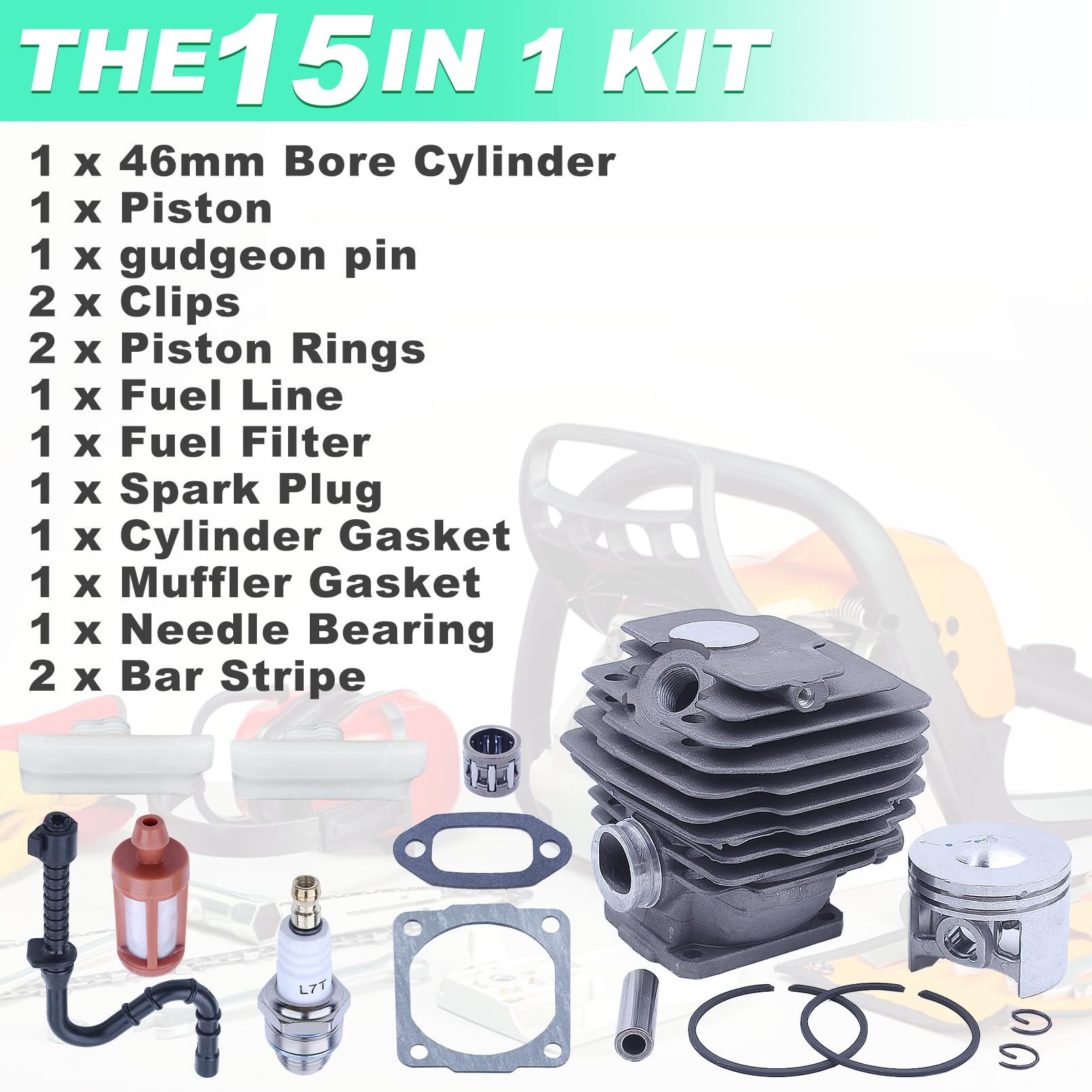 Pistón y Cilindro para STIHL 028 028AV 028WB Motosierra, ADEFOL 46mm Cilindro + Piston + Junta + Bujía + Cojinete Piezas de Repuesto Accesorio 028 AV WB Kit Cilindro 14 en 1