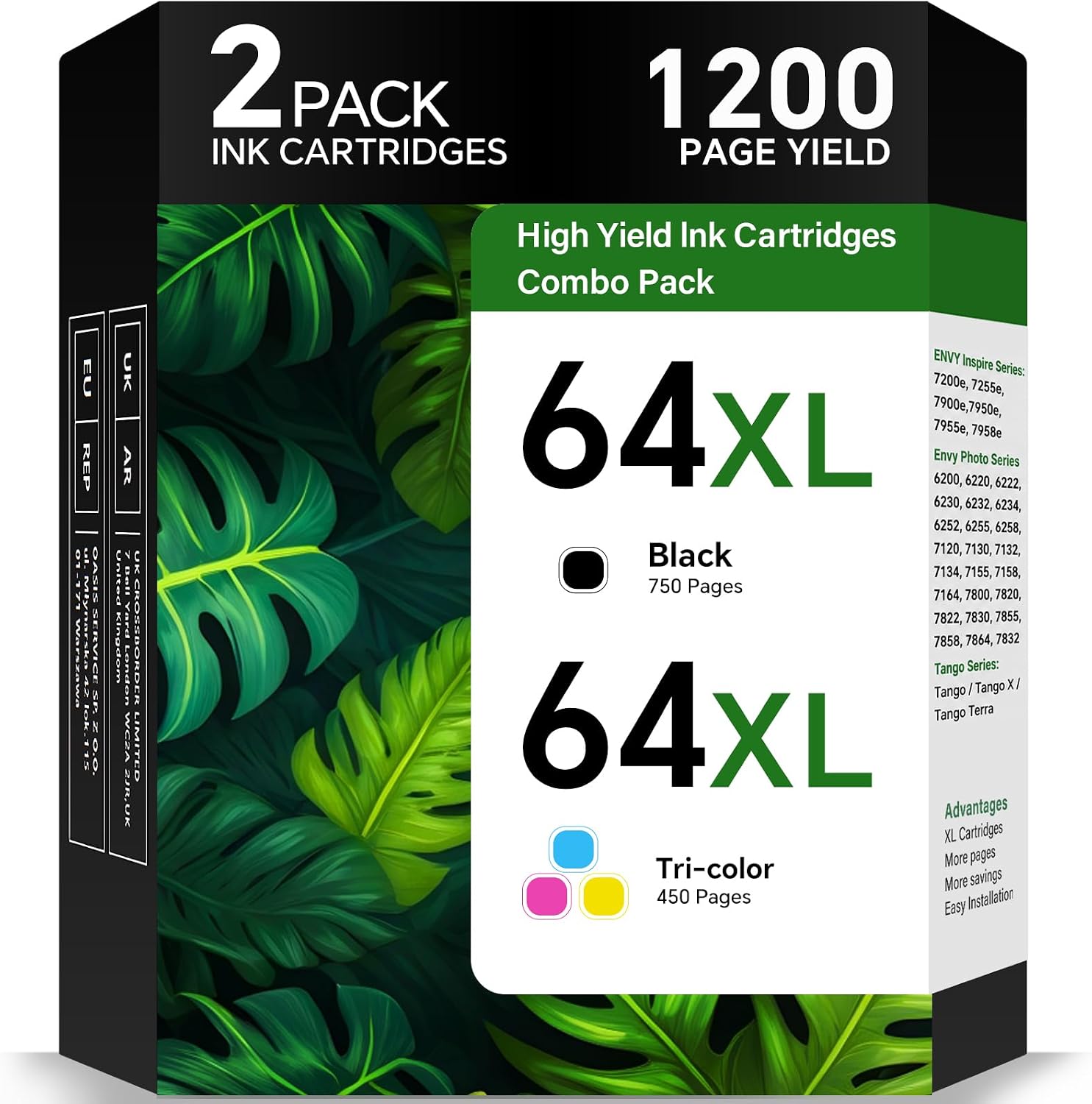 64XL Ink Cartridges Combo Pack Replacement for HP Ink 64 64XL Black and Color - Printer Ink for HP64 XL Work with Envy Inspire 7955e 7900e 7255e Envy Photo 7855 7155 7858 7800 Tango Series (2 Pack)