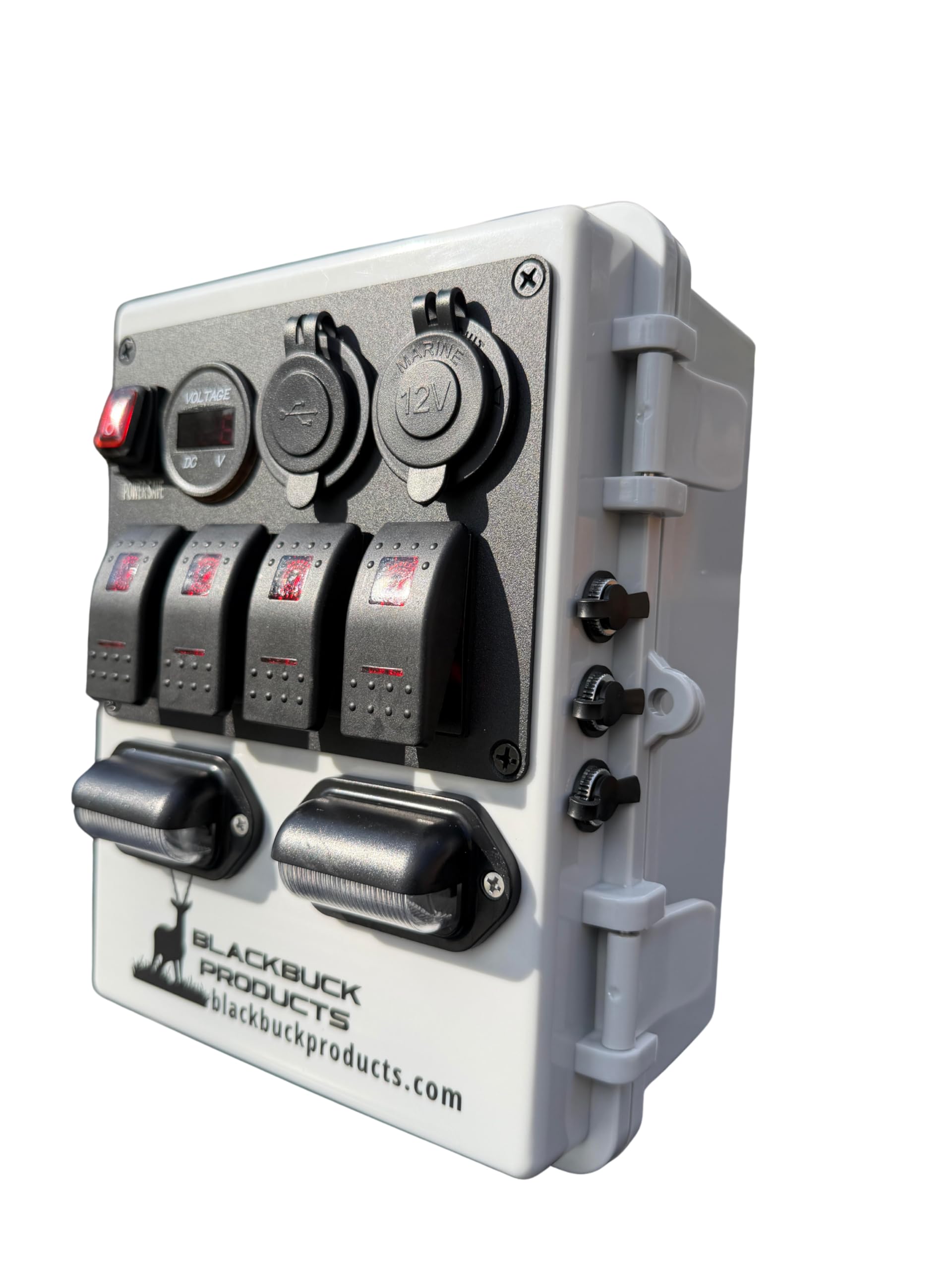 Deer Stand Power Bank z panelem słonecznym, przenośna skrzynka na baterie 12 V, odporna na warunki atmosferyczne obudowa ABS, system ładowania z wieloma portami, światła LED, ochrona bezpiecznika 10 A