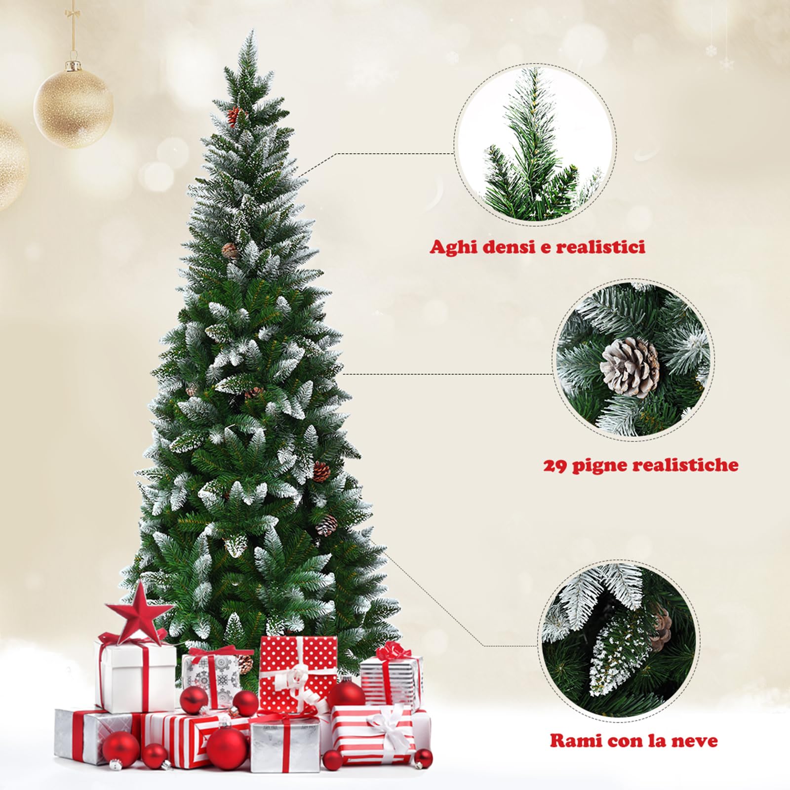 COSTWAY Albero di Natale Innevato 180/220 cm, Albero di Natale Slim con Pigne, Base di Metallo e Rami Rigogliosi in PVC, Ideale per Casa, Ufficio e Negozio (180 cm)
