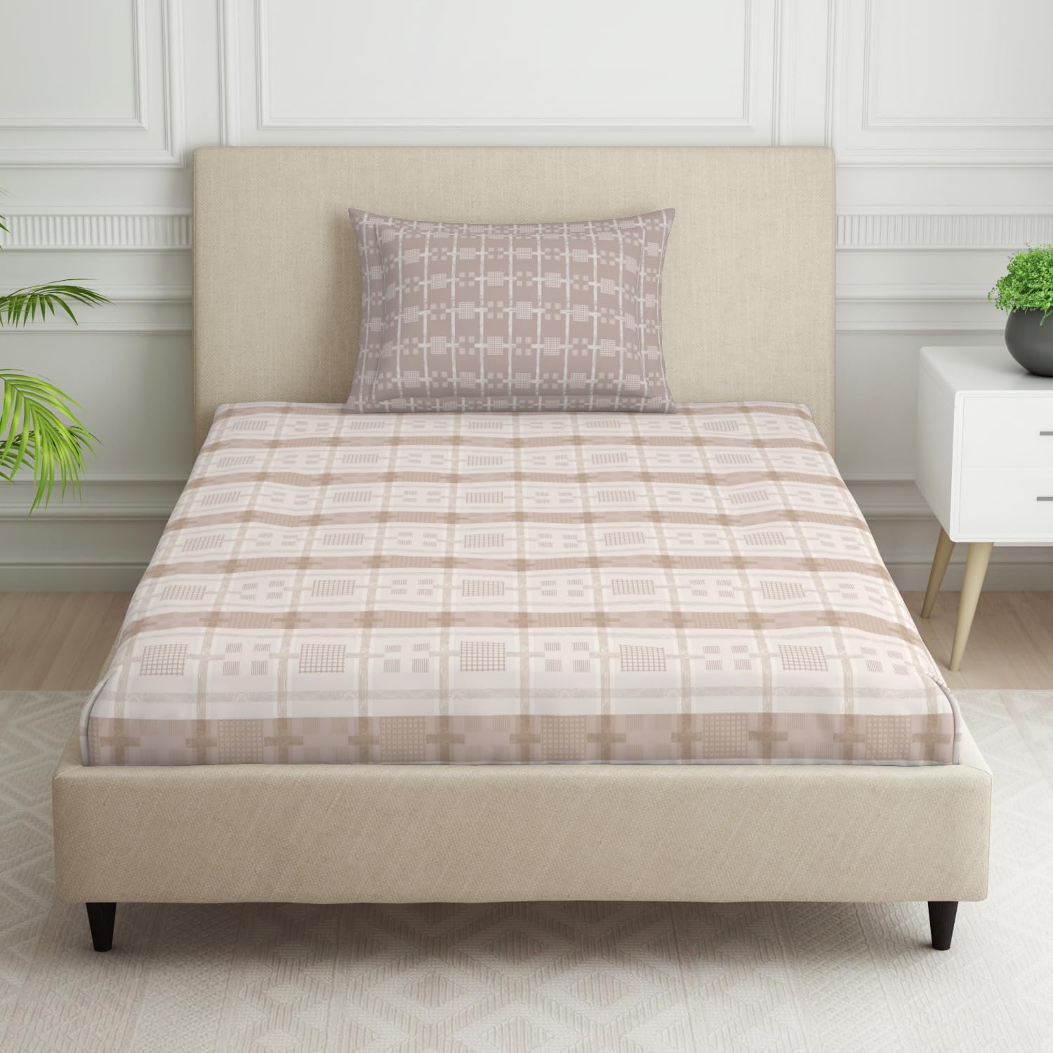 SPACES 100% Cotton Single Bedsheet with 2 Pillow Covers (Size 60 x 88 inch) | 144 TC Bed Sheet for Single Bed | Breathable Pure Cotton Small Size Bedsheet | Checks | Geometric Beige