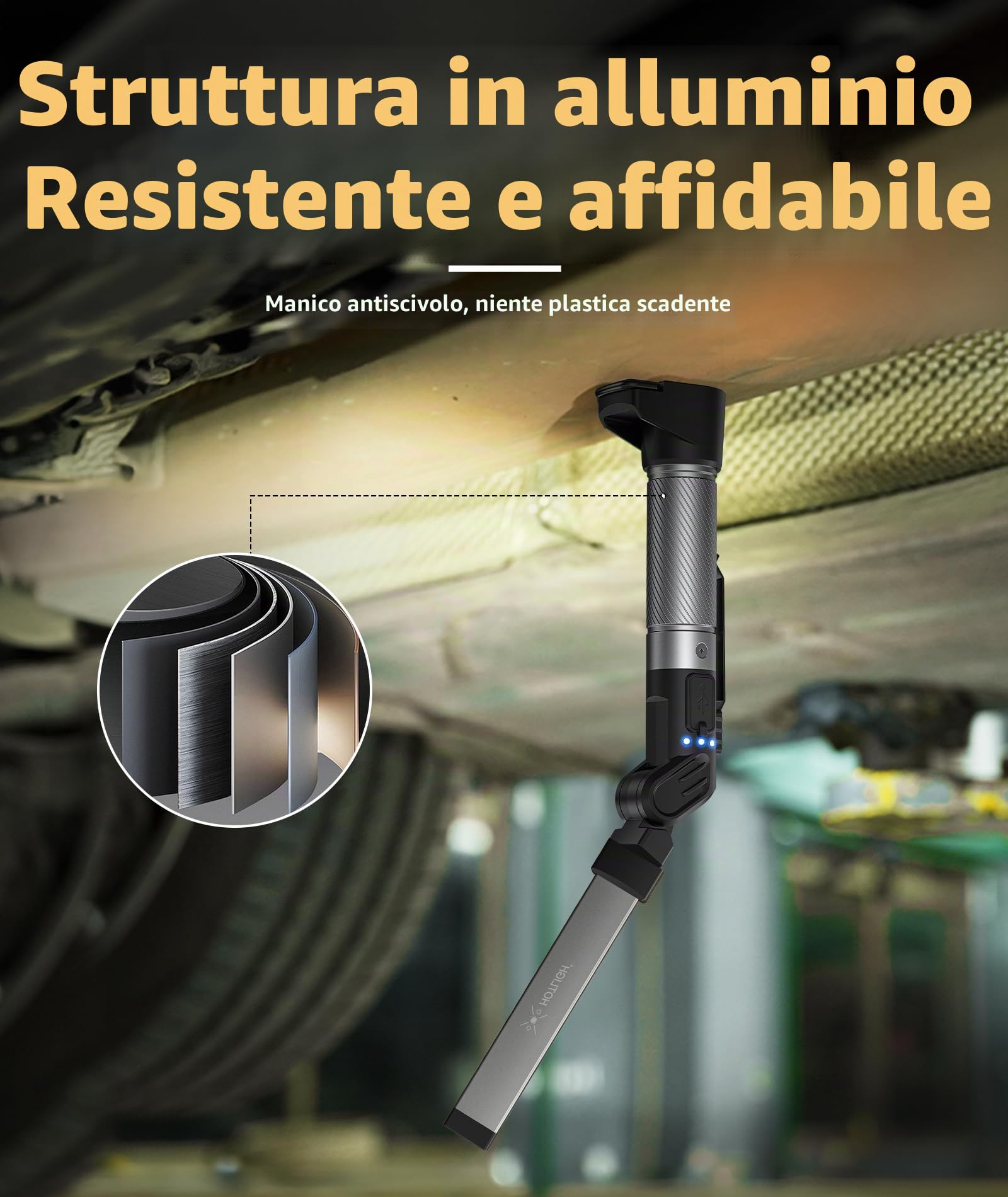 HOTLIGH lampada da lavoro - 800 lumen torcia led ricaricabile con design pieghevole multifunzionale, 2200 mAh lampada officina, 3 modalità di illuminazione luce led ricaricabile, 1 confezione
