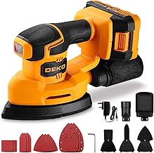 Cordless Mouse Sander for Wood: DEKOPRO 20V Detail Sander with Dust Collector and Battery 13000 RPM, 3 Additional Attachments 12PCS Sandpapers - Compact & Ideal for Tight Space Sanding Yellow-Black