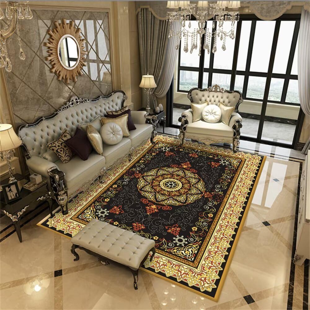 Tapis de sol 80x180cm crème noir et jaune floral vintage pour salon et chambre ado
