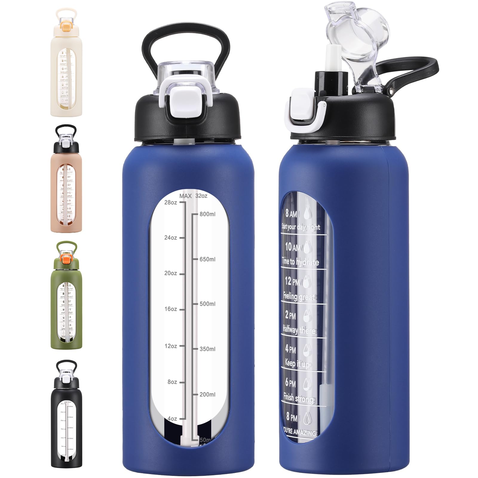 chunmo 900 ml Glas-Wasserflaschen mit Strohhalm, große motivierende Wasserflasche mit Zeitmarkierung, Sport-Wasserflaschen mit Silikonhülle und Griffdeckel, Wasserkrug für Fitnessstudio, Workout