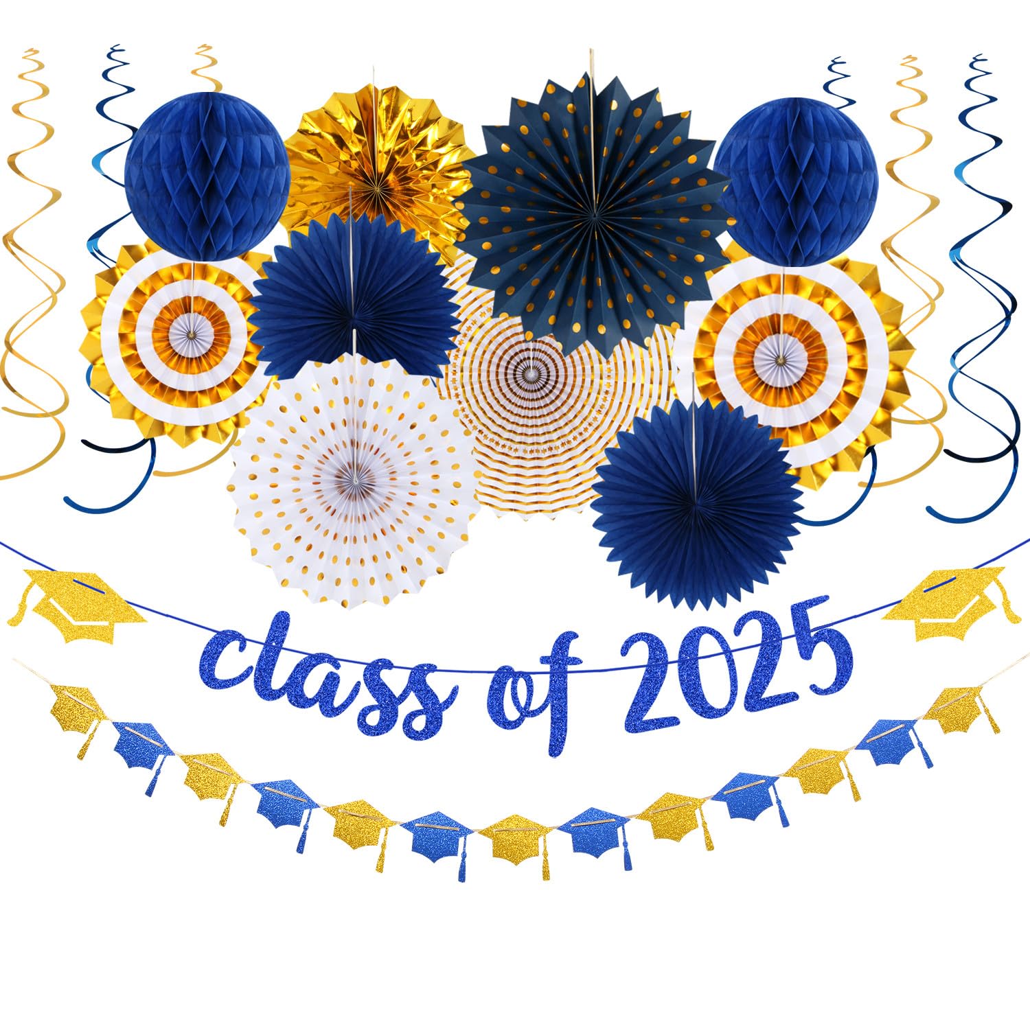 Navy-Blue Gold Party-Decorations Graduation Banner-Streamers - 18pcs Kits Class of 2025 Garland, Paper Tissue Pom Poms Fan, Honeycomb Lanterns Congrate Grad Congratulations Decor Panduola