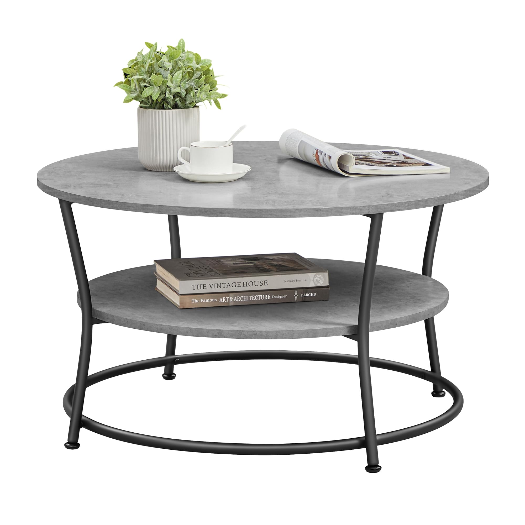 VASAGLE Couchtisch rund, Wohnzimmertisch, Sofatisch mit Ablage, einfacher Aufbau, Metall, Industrie-Design, betongrau-tintenschwarz LCT080G78
