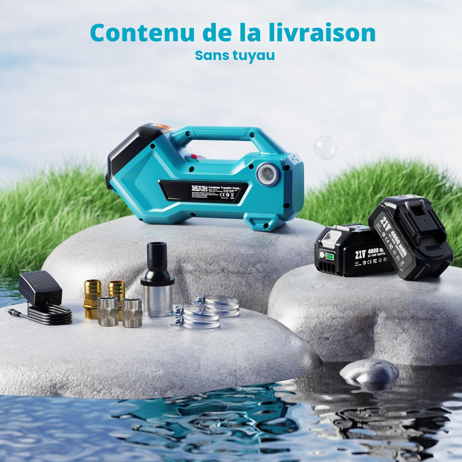 Seesii Pompe de transfert sans fil pour eau/diesel, 2880 l/h, auto-amorçante, 2 batteries de 4000 mAh, pompe domestique électrique portable pour camping-car, jardin, jacuzzi, piscine, étang, aquarium