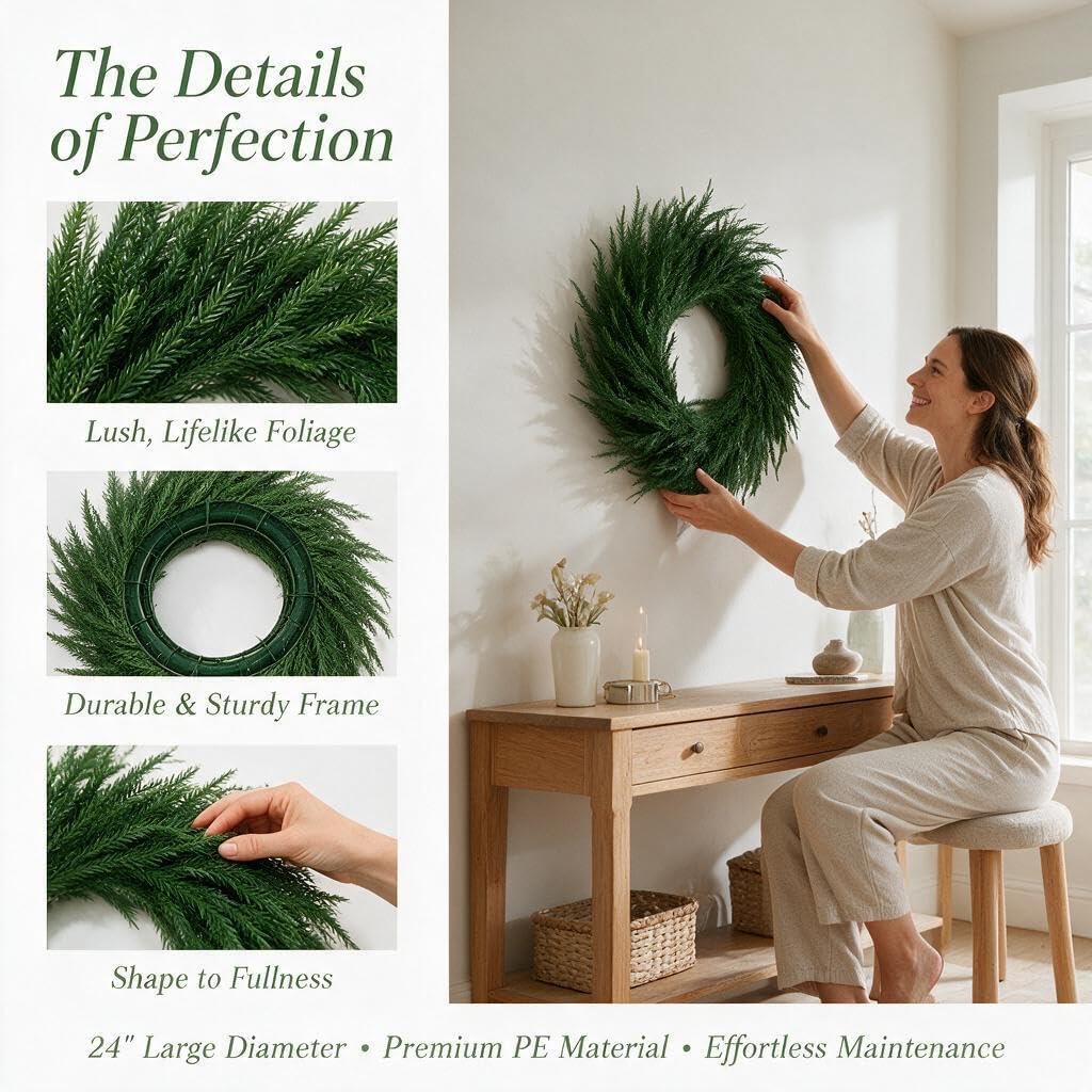 24" Norfolk Pine Christmas Wreath for Front Door, Style 1