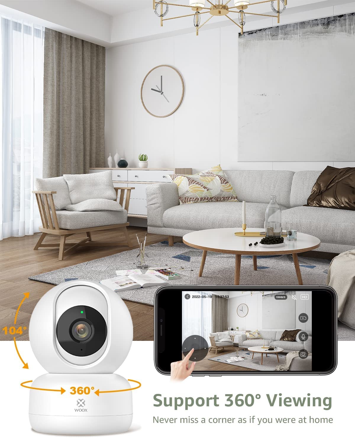 Woox Überwachungskamera innen, 360 Grad Kamera überwachung innen mit Zwei-Wege-Audio/Bewegungserkennung/Nachtsicht, 1080P WLAN Kamera Indoor Arbeitet mit Alexa, Hundekamera mit App für Hausstier/Baby