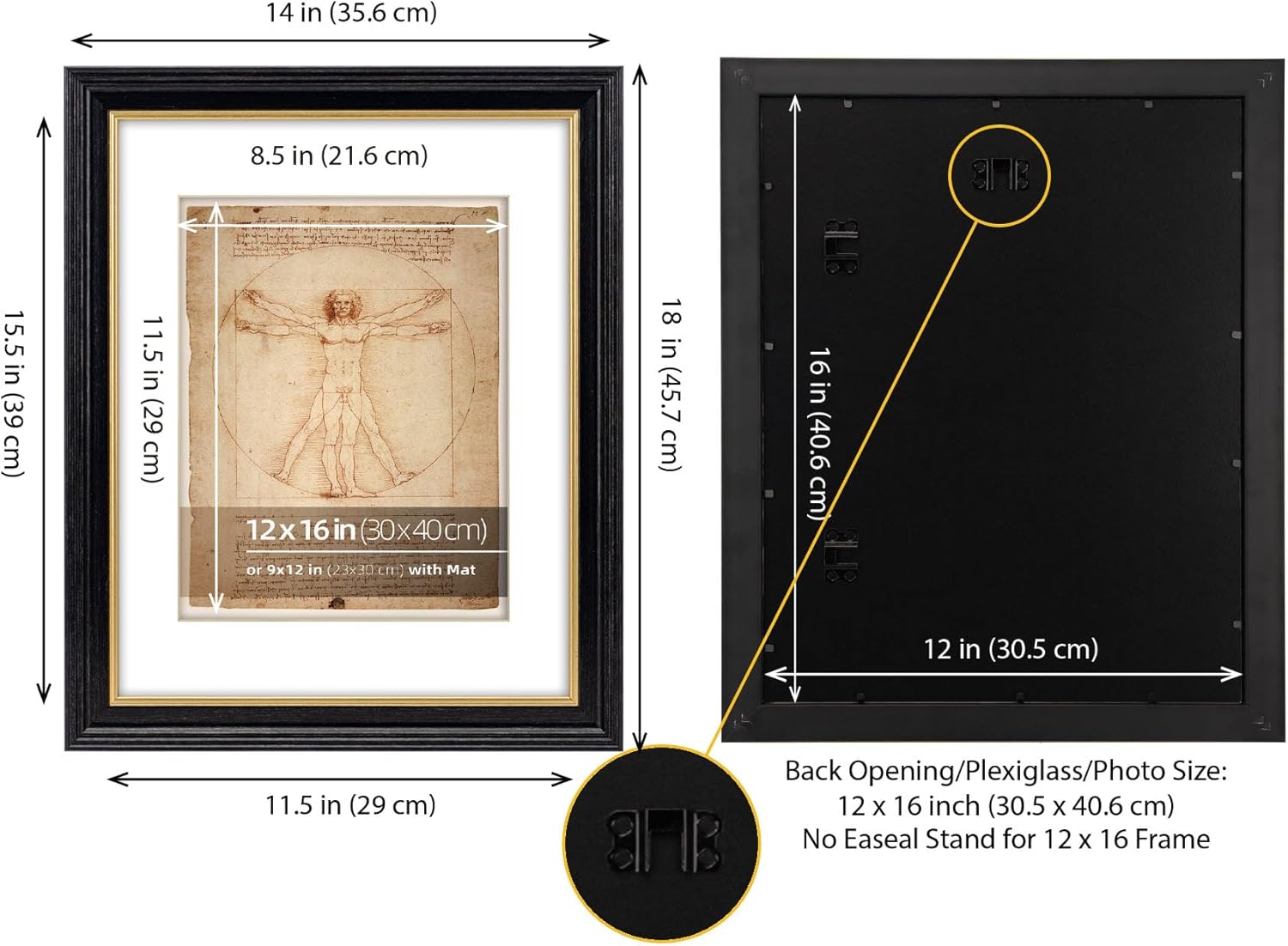 12x16 Black with Gold Accent Beveled Design Ornate Classic Picture Frame, Matted to 9x12 inches, Plexiglass Cover, 2 Pack