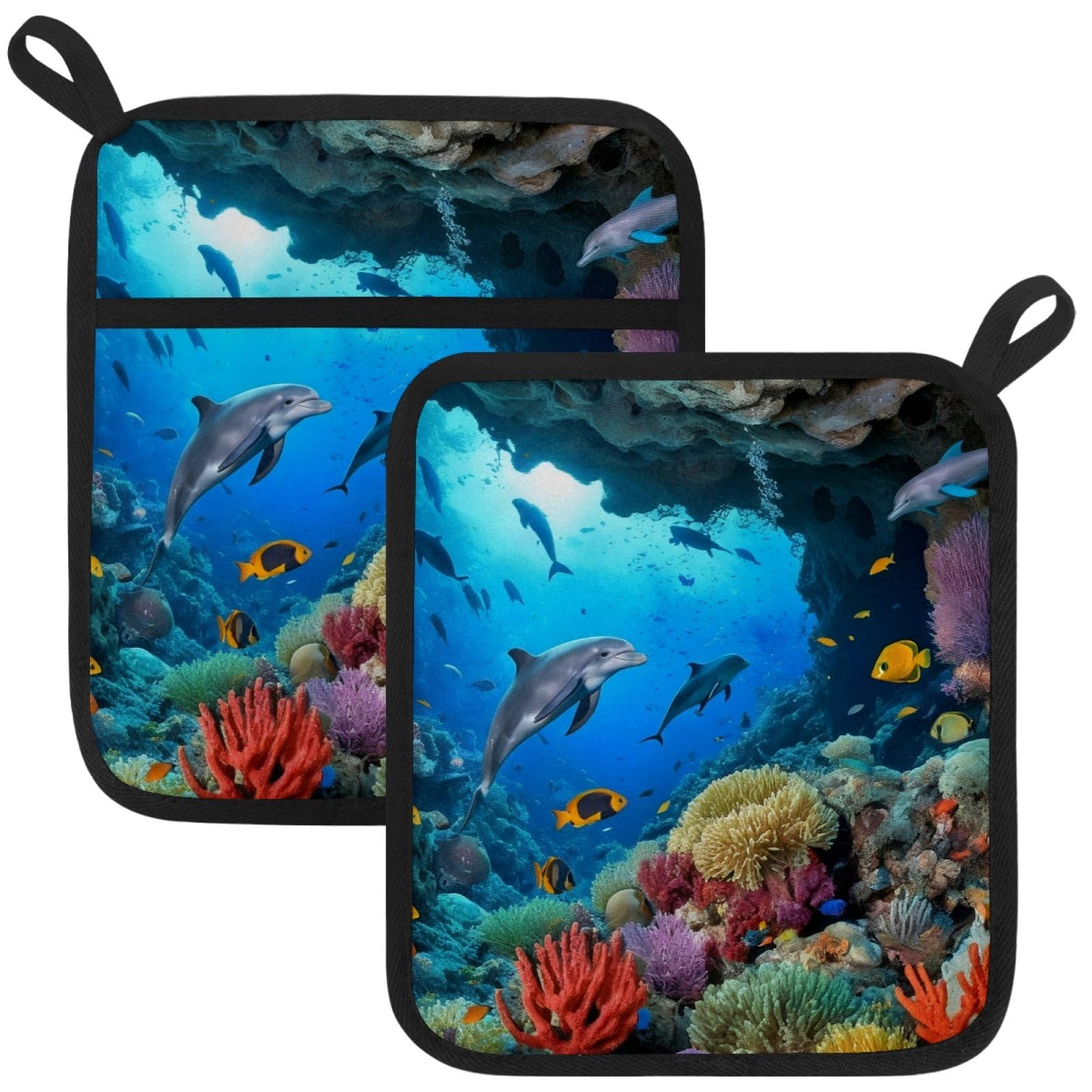 VAPOKF Dolphin Fish Pot Holders with Pocket for Kitchen Heat Resistant Potholders Large Polyester-Cotton Square Oven Mitts Set