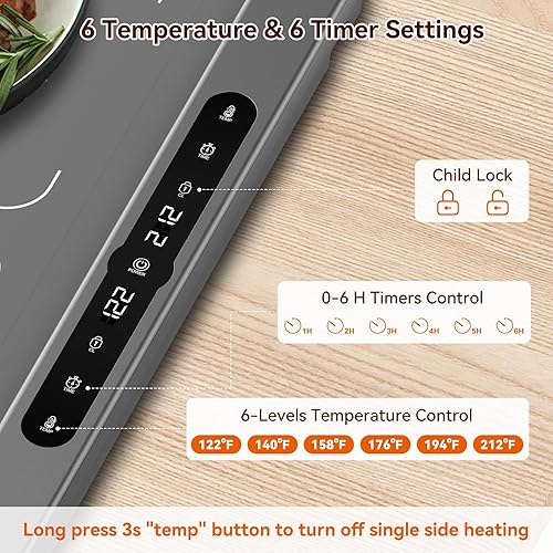 Miniatura 4 de Tapete de calentamiento de alimentos de grafeno, control independiente de doble zona, (XXL 36 x 17 pulgadas), bandeja de calefacción eléctrica con 6