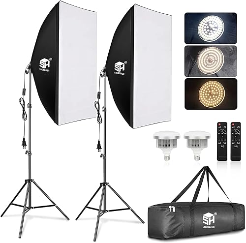 SH Kit de iluminación Softbox con luces de estudio equipo de iluminación LED para fotografía con 2 bombillas de atenuación remota de 6000 K para