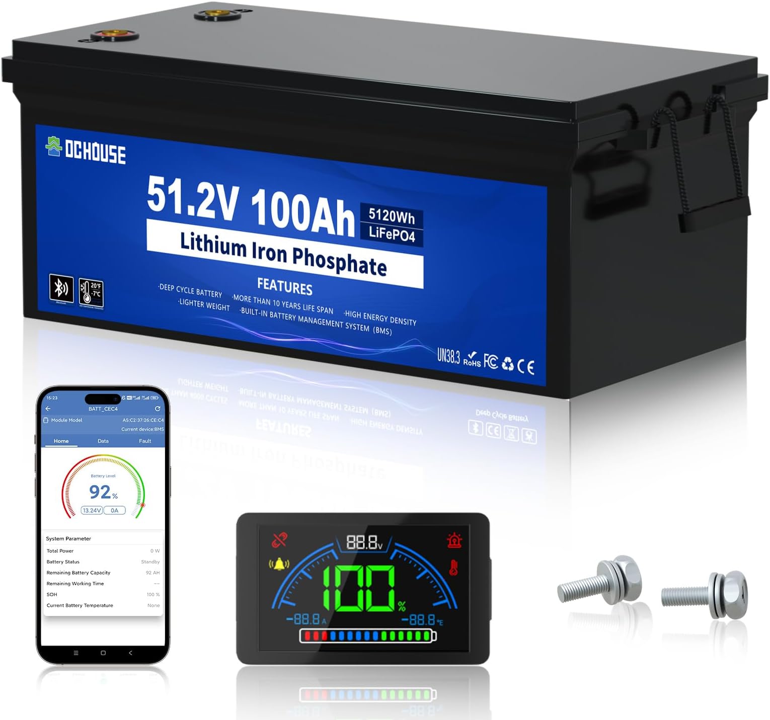 DCHOUSE 48V 100AH Golf Cart Battery, Bluetooth, integrated BMS 200A, LCD display and mobile APP, peak current 600A, up to 15,000 deep cycles, lithium battery for Solar Systems, Campers