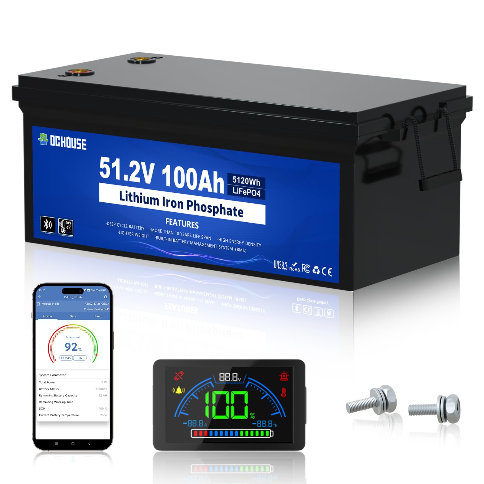 DCHOUSE 48V 100AH Golf Cart Battery, Bluetooth, integrated BMS 200A, LCD display and mobile APP, peak current 600A, up to 15,000 deep cycles, lithium battery for Solar Systems, Campers