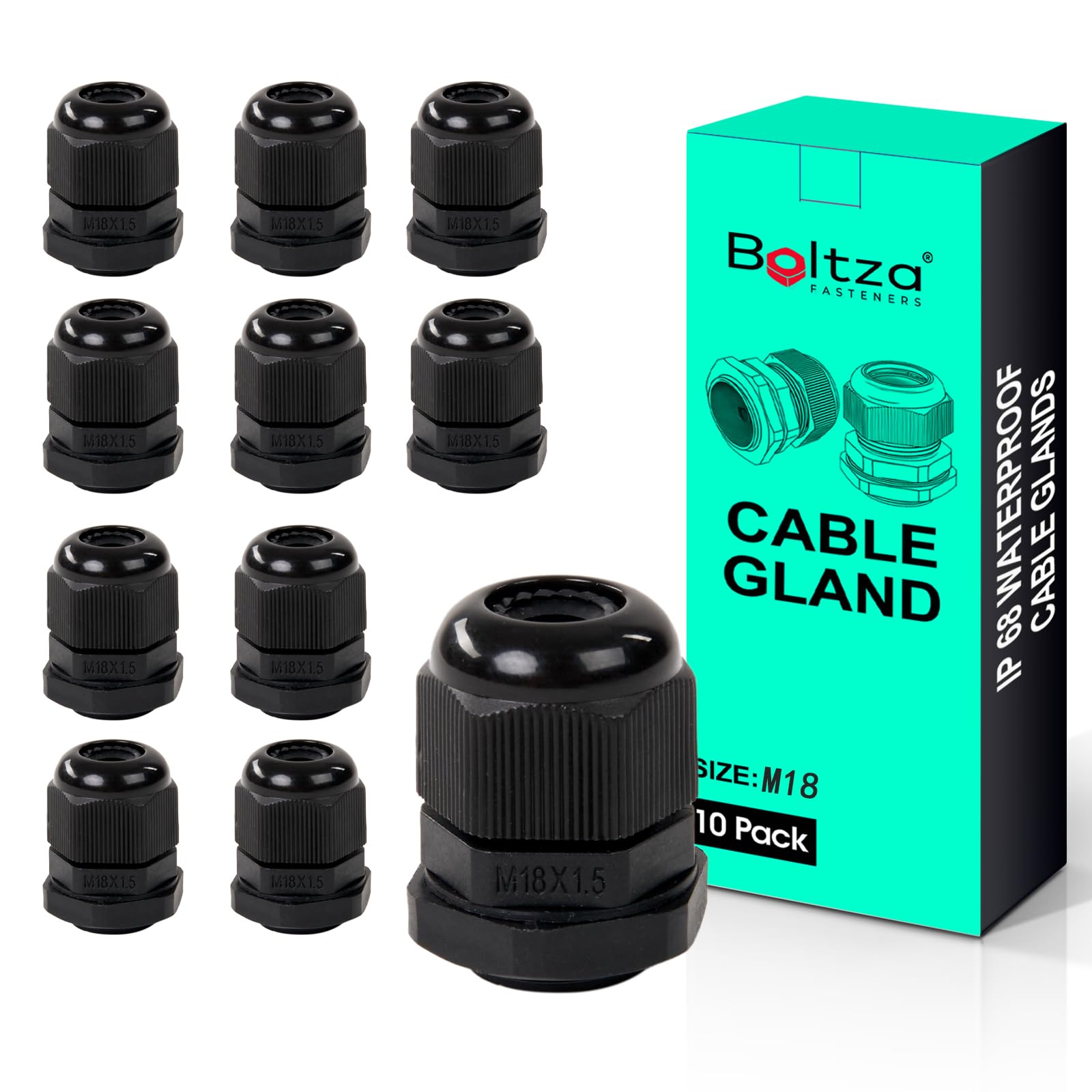 Boltza® Black Nylon Cable Gland – IP68 Waterproof Cable Connector for Electrical Enclosures, Junction Boxes, Outdoor Use – Conduit Gland – 10 Pack (M18)