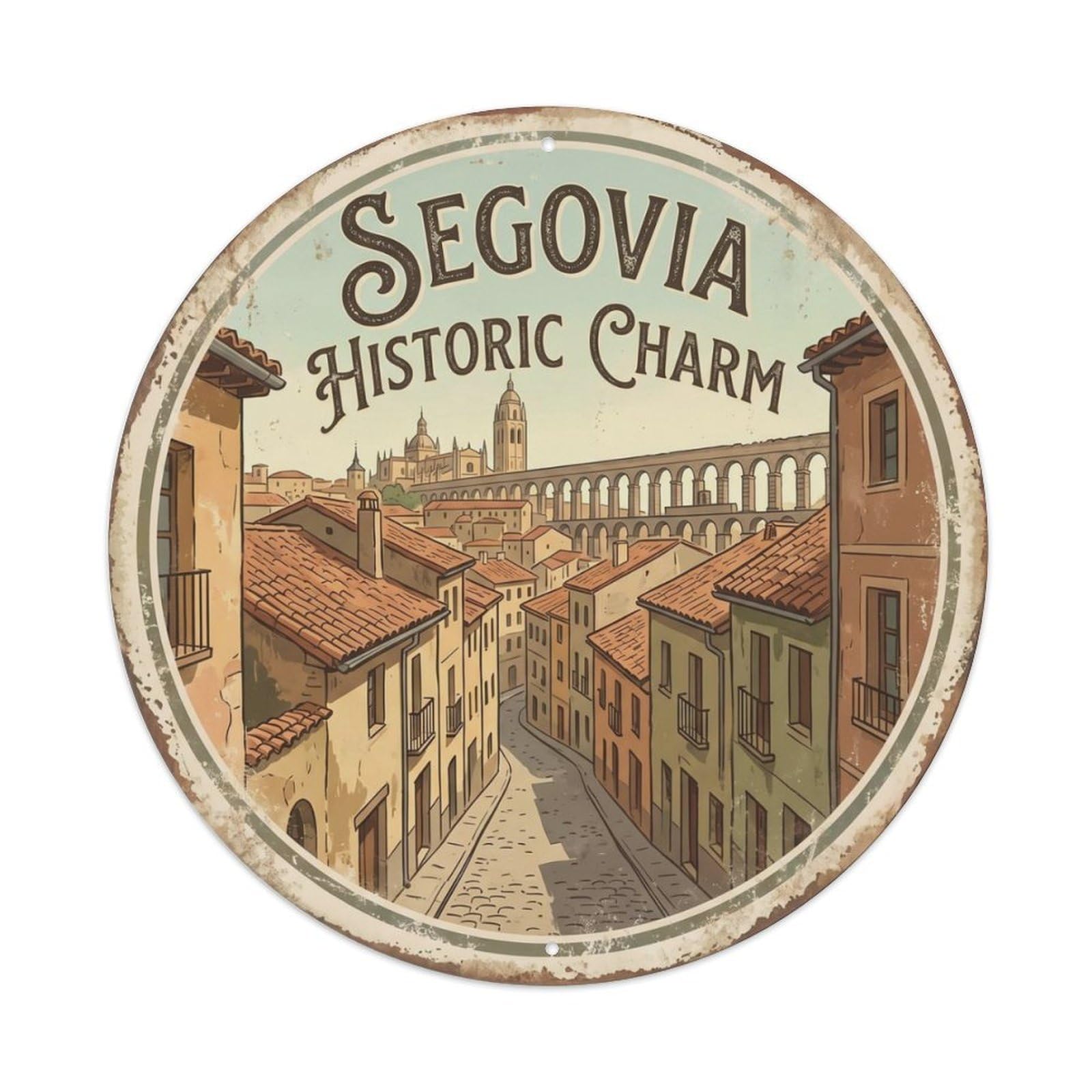 Gtthok Vintage Style-22 Vintage Travel Oldtown Spain Heritage Metal Tin Sign Plaque Wall Decor For Cafe, Club, Garden Round Metal Poster 8X8inch