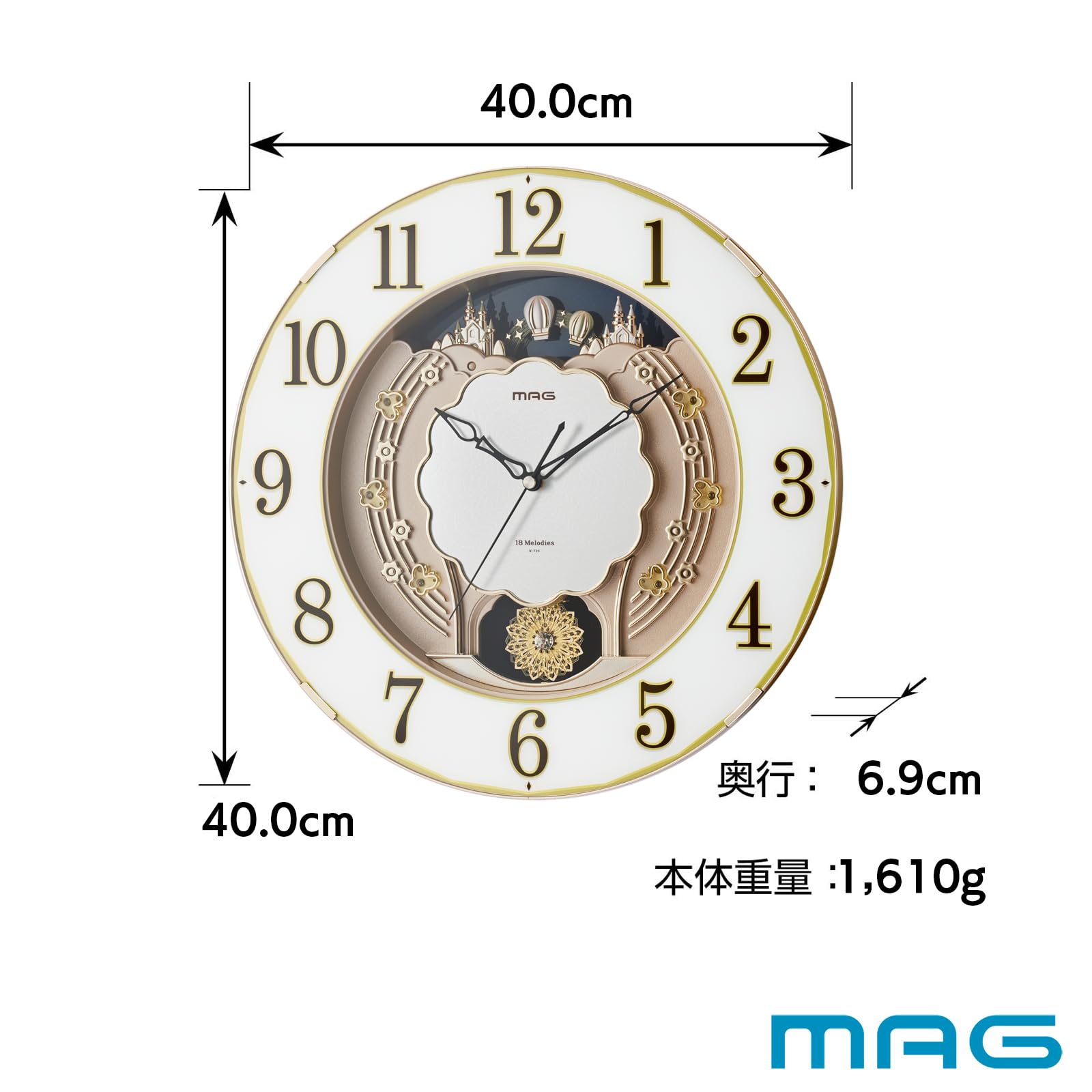 MAG電波報時掛時計 W-726 CGMーZホワイト/ゴールド MAG電波報時