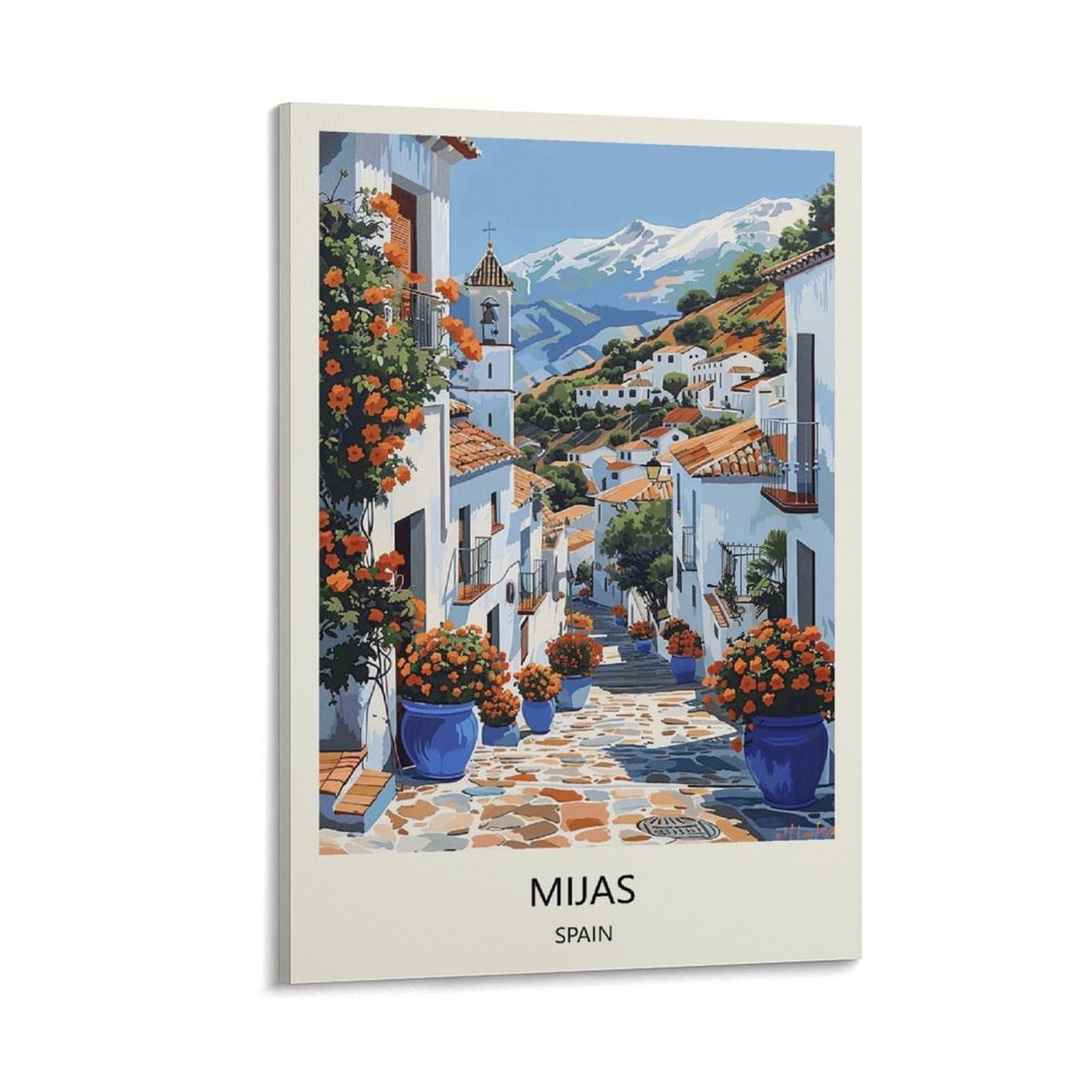 Yjneng Framed Canvas Art Picture Mijas Spain Wall Decor Art Painting Posters Modern Family Decorative Poster 16X24inch(40X60cm)