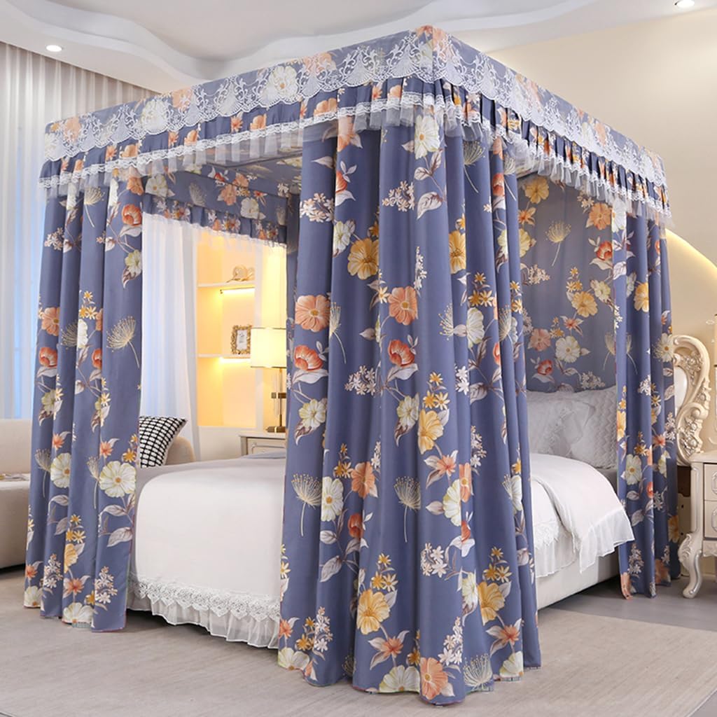 Floral Cute Canopy Bed Curtains - Elegant Soft Drapes, Bed Canopy Drapes for Girls' and Adults' Bedroom Decor, Privacy Protection, Enhances Style (Navy-Floral, 64" W x 86" L (Pack of 1))