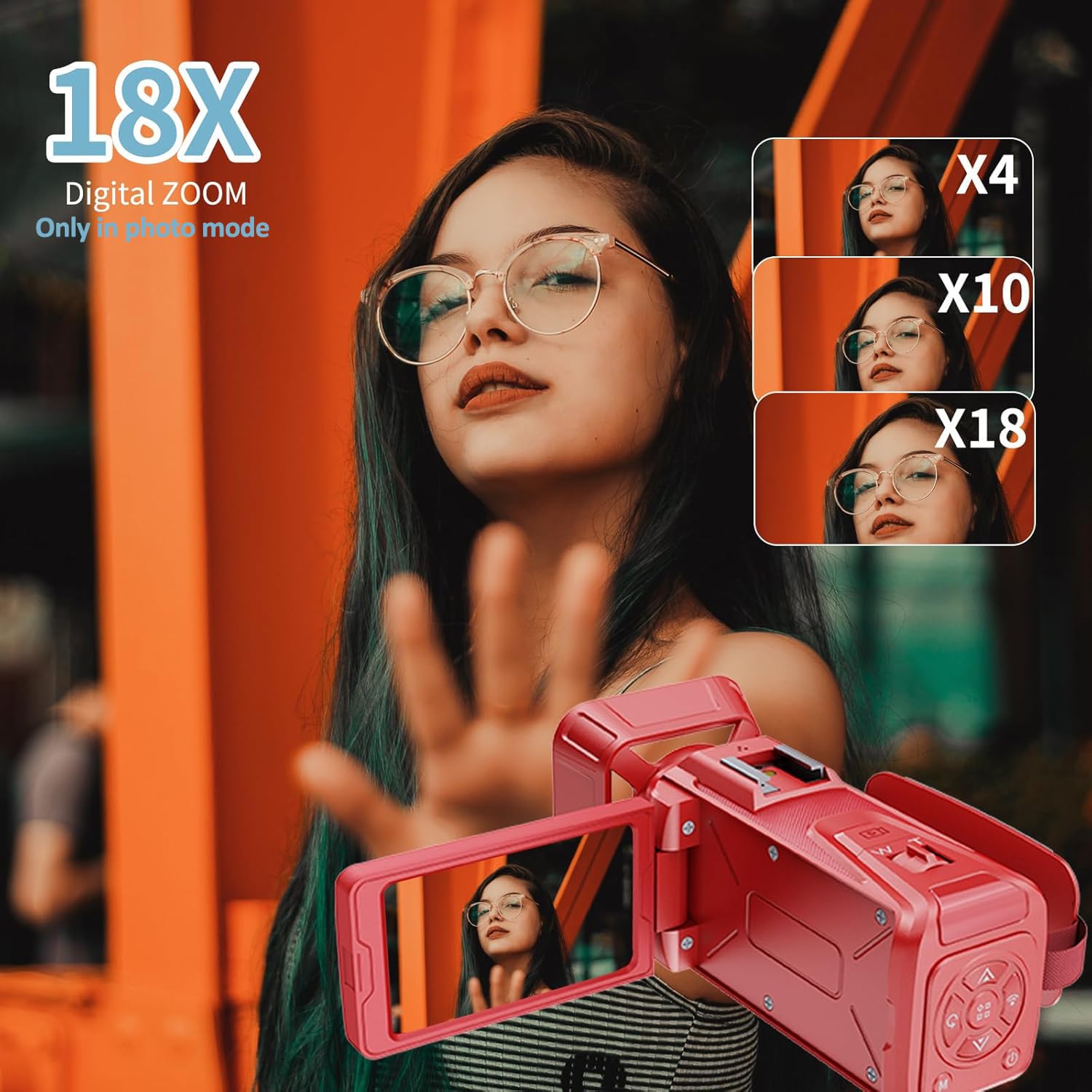 Videocamera 4K 64MP WiFi per YouTube Vlogging, zoom digitale 18X 3 pollici 270 ° Flip Screen, con scheda SD da 32 GB e lettore di schede, batteria integrata da 2500 mAh (rosso)
