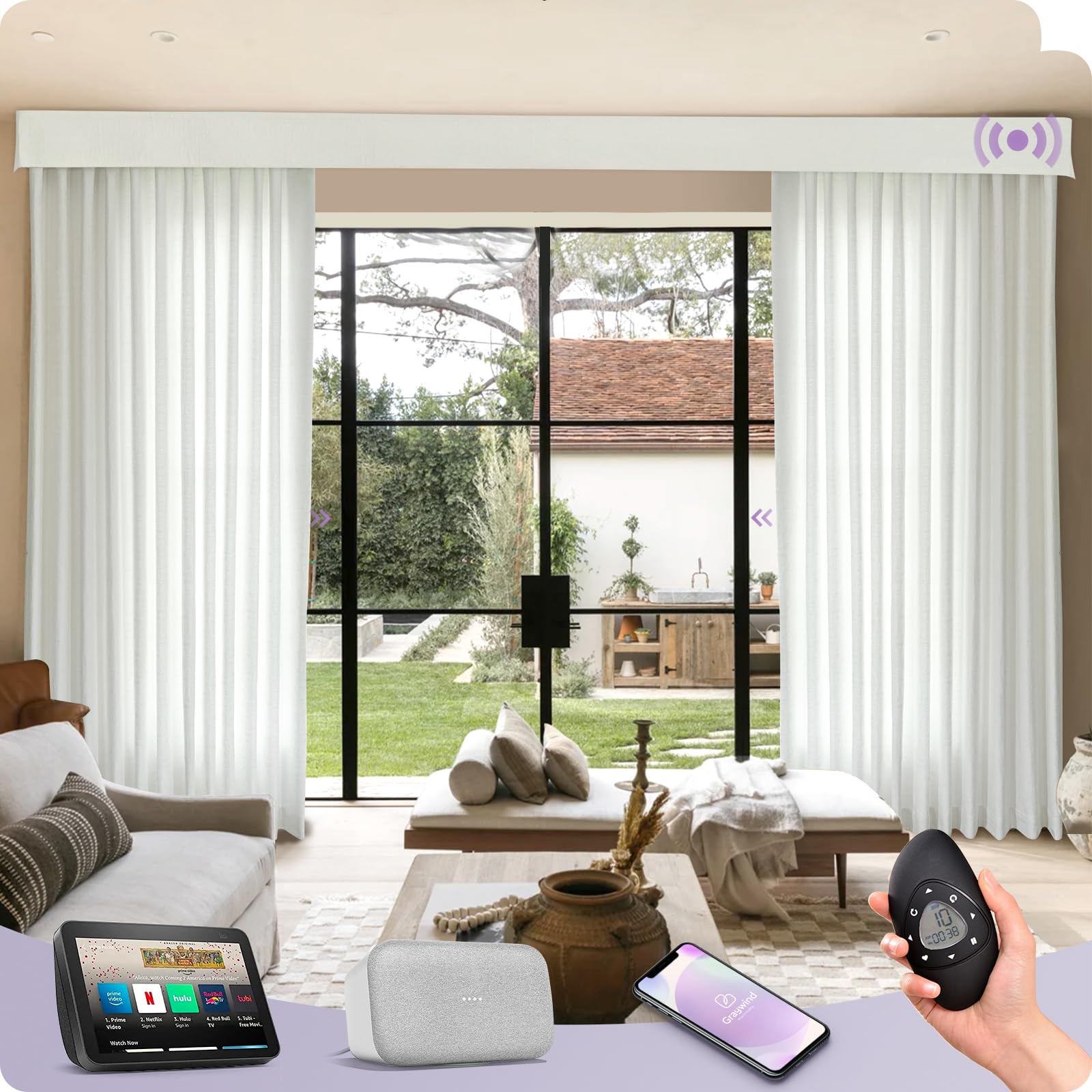 Graywind Hardwired Smart Curtains Compatible with Alexa Google Remote Control Motorized Drape for Sliding Door One-Way or Split Draw, Custom Width to 207" (Pure White)