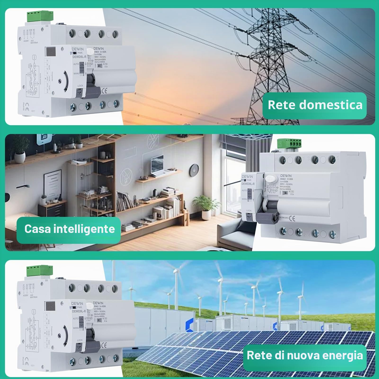 Differenziale Riarmo Automatico, 4P 63A 30ma 400V Salvavita con Riarmo Automatico RCCB Interruttore Differenziale a Riarmo Automatico Salvavita Interruttore di Protezione da Perdite