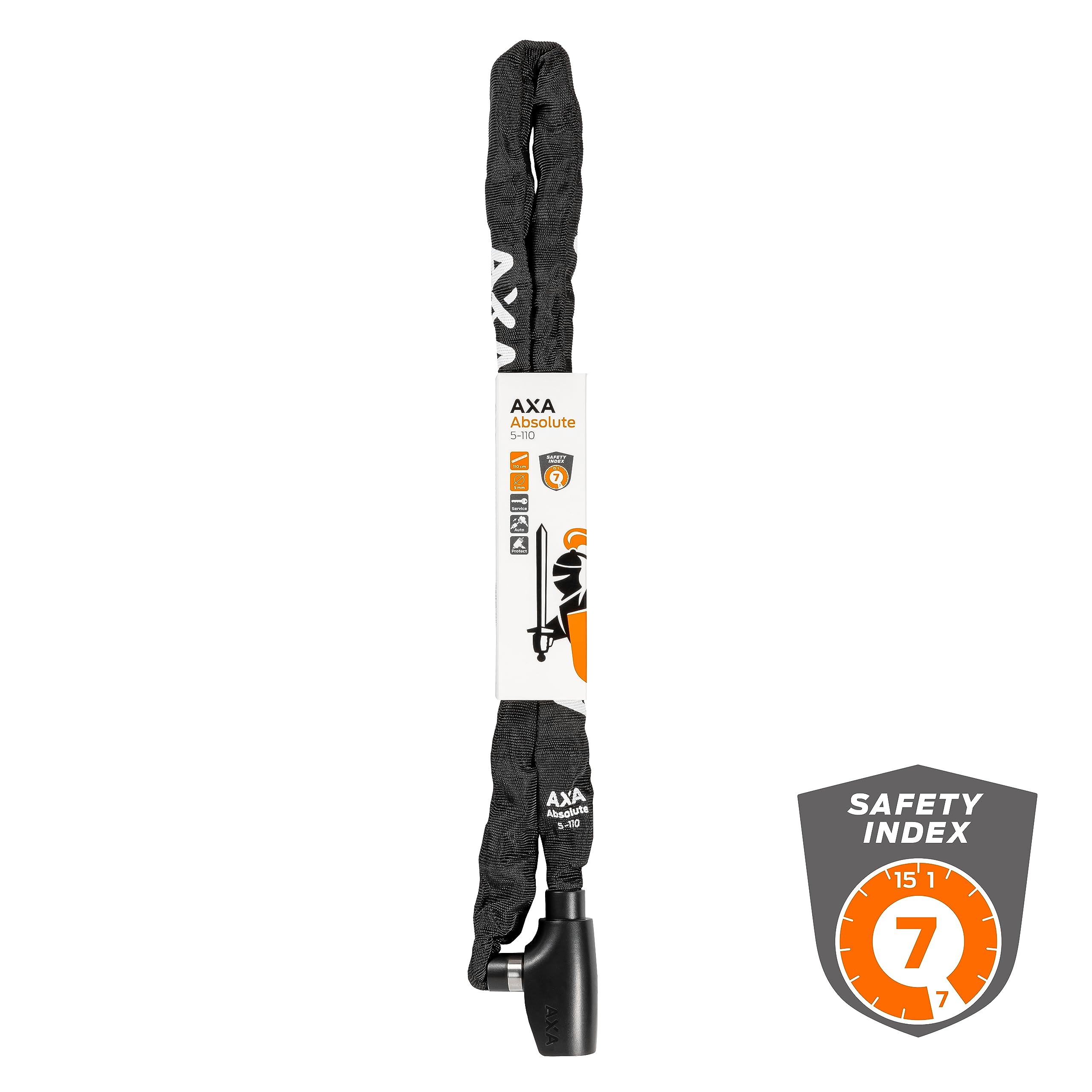 AXA Absolute 5-110 Antivol de vélo, Chaîne antivol, Cadenas pour vélo et trottinette, Sécurité 7 sur 15, 110 cm x 5 mm, Housse en polyester noir