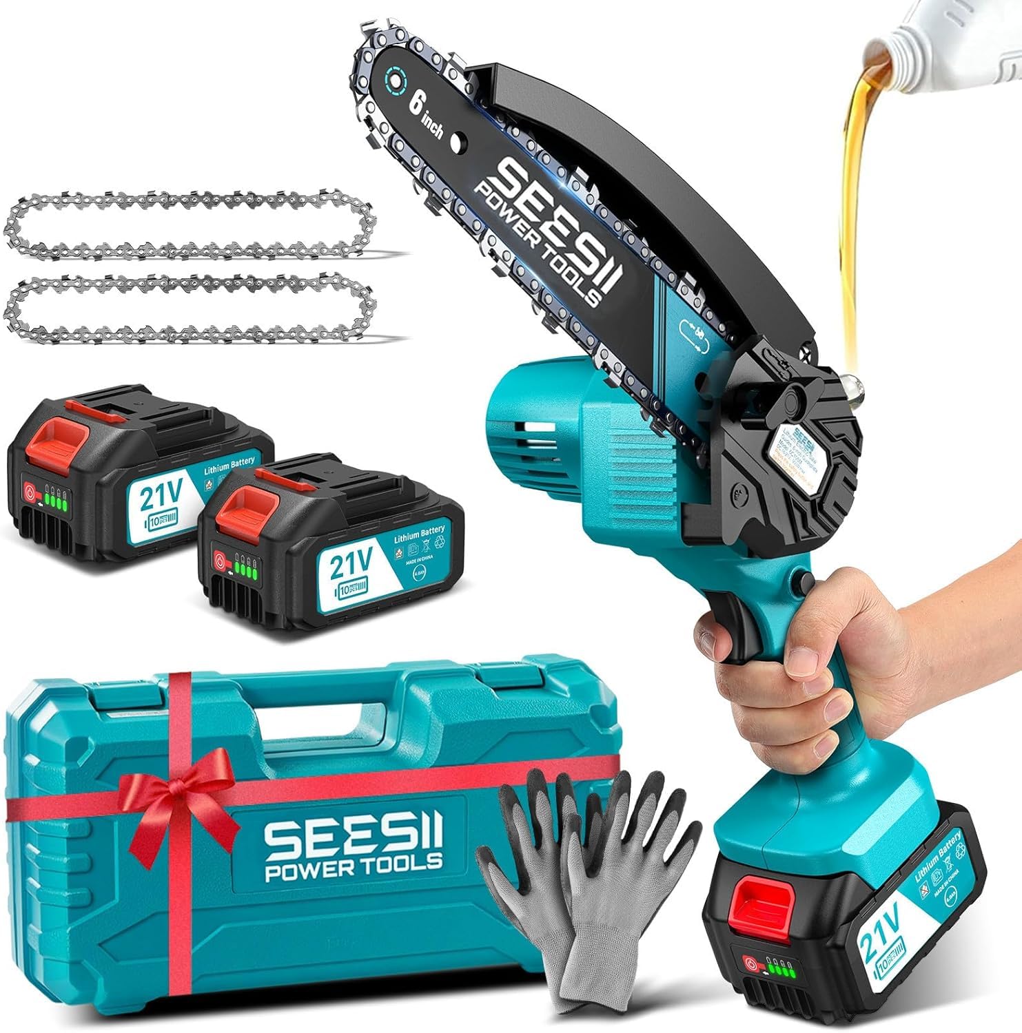 SEESII 6'' Mini Motosierra Bateria 8000mAh, Motosierra Eléctrica Bateria con Depósito Para El Aceite y Cadena Reemplazable, Motosierra Inalámbrica Portátil para Podar Árboles de Jardinería en oferta en Amazon