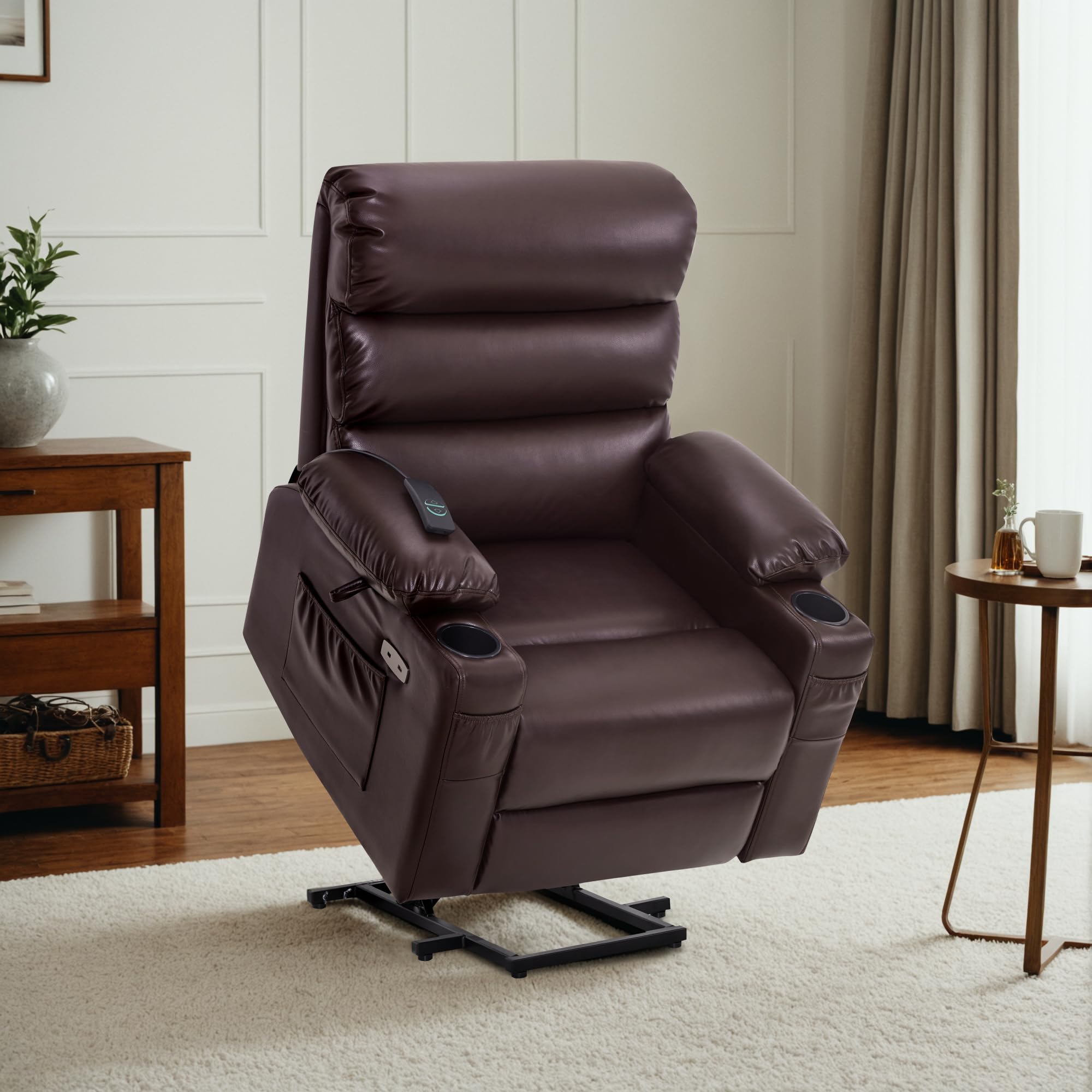 MCombo Fauteuil Releveur électrique, pour Personnes âgées, Fauteuil Relax avec Massage et Chaleur, avec Appui-tête, Repose-Pieds Allongé, Ports USB, en Similicuir, LC001 (Marron)