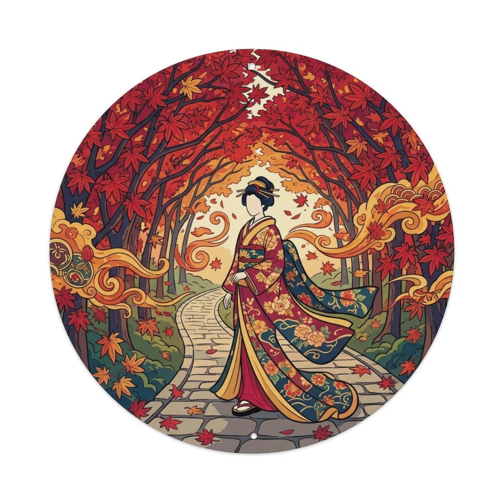 Japanese Geisha Red Maple Tunnel Walking Through Metal Tin Sign