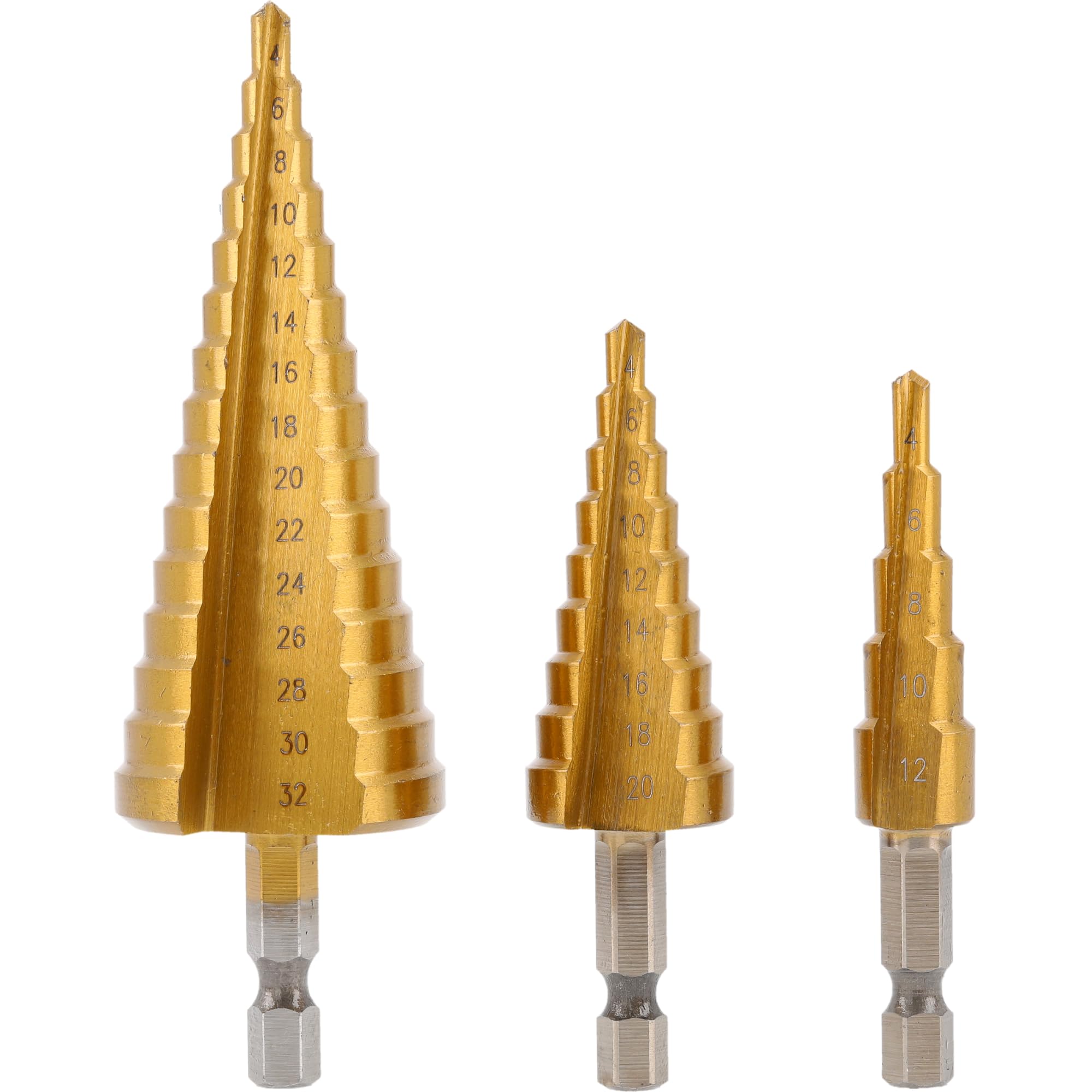 Högert Technik Stufenbohrer SET, HSS Schälbohrer, 4-12 mm, 4-20 mm, 4-32 mm, Titanbeschichtet, HEX 1/4", Kegelbohrer für Metall, Holz & Kunststoff, konischer Bohrer