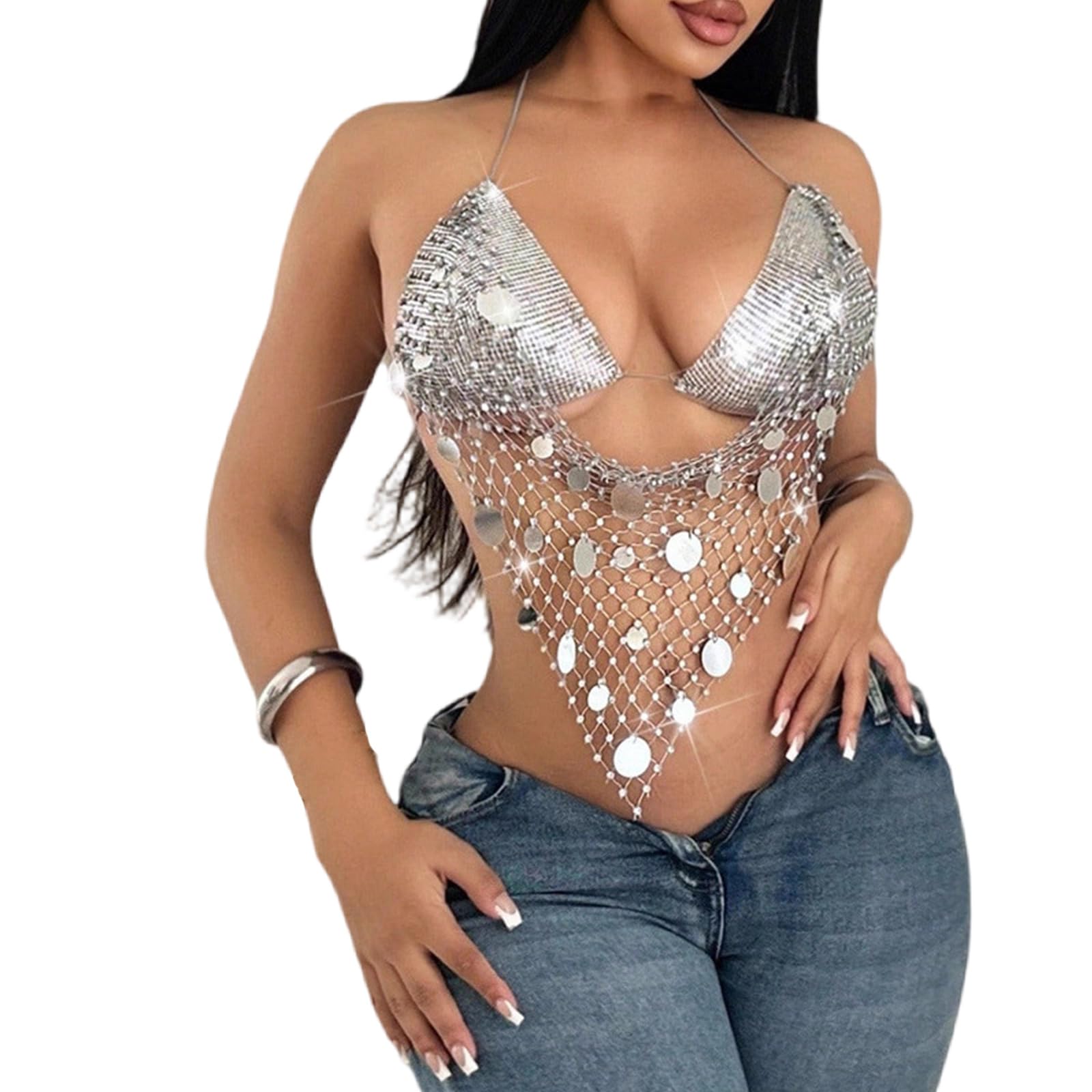 Glitter Strass Mesh Party Shirt Halterneck Paillettes Reggiseno Backless Body Chain per le Donne ' s Festival Club Serbatoi Top Donne ' s Festival Top