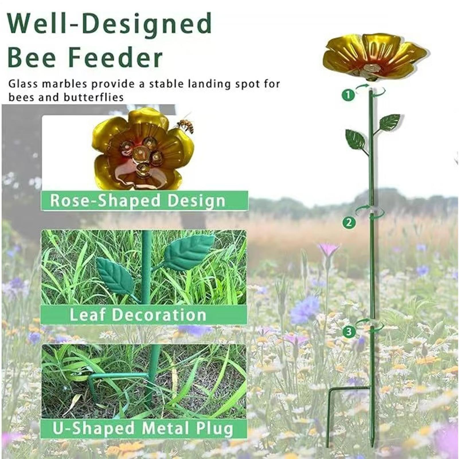 Set of 4 Bee Watering Station - Metal Flower Water Feeder for Bees and Pollinators, Outdoor Garden Hydration Solution for Backyard, Farm, Patio, Lawn, Pathway, Driveway, Balcony, Rust-Resistant Design