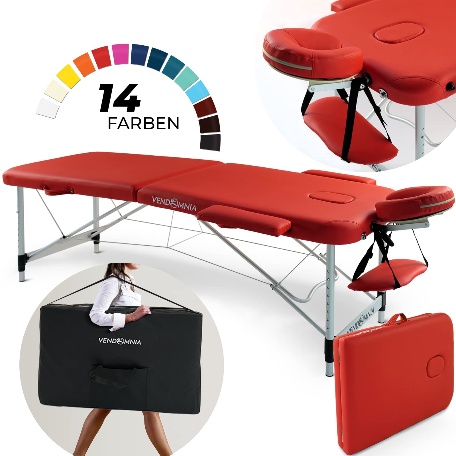 VENDOMNIA Mobile Massageliege - Aluminium mit 2 Zonen höhenverstellbar inkl. hochwertiger Kopfstütze Tasche Armlehnen - Farbwahl Klappbar, Massagetisch Massagebett Massagebank Behandlungsliege