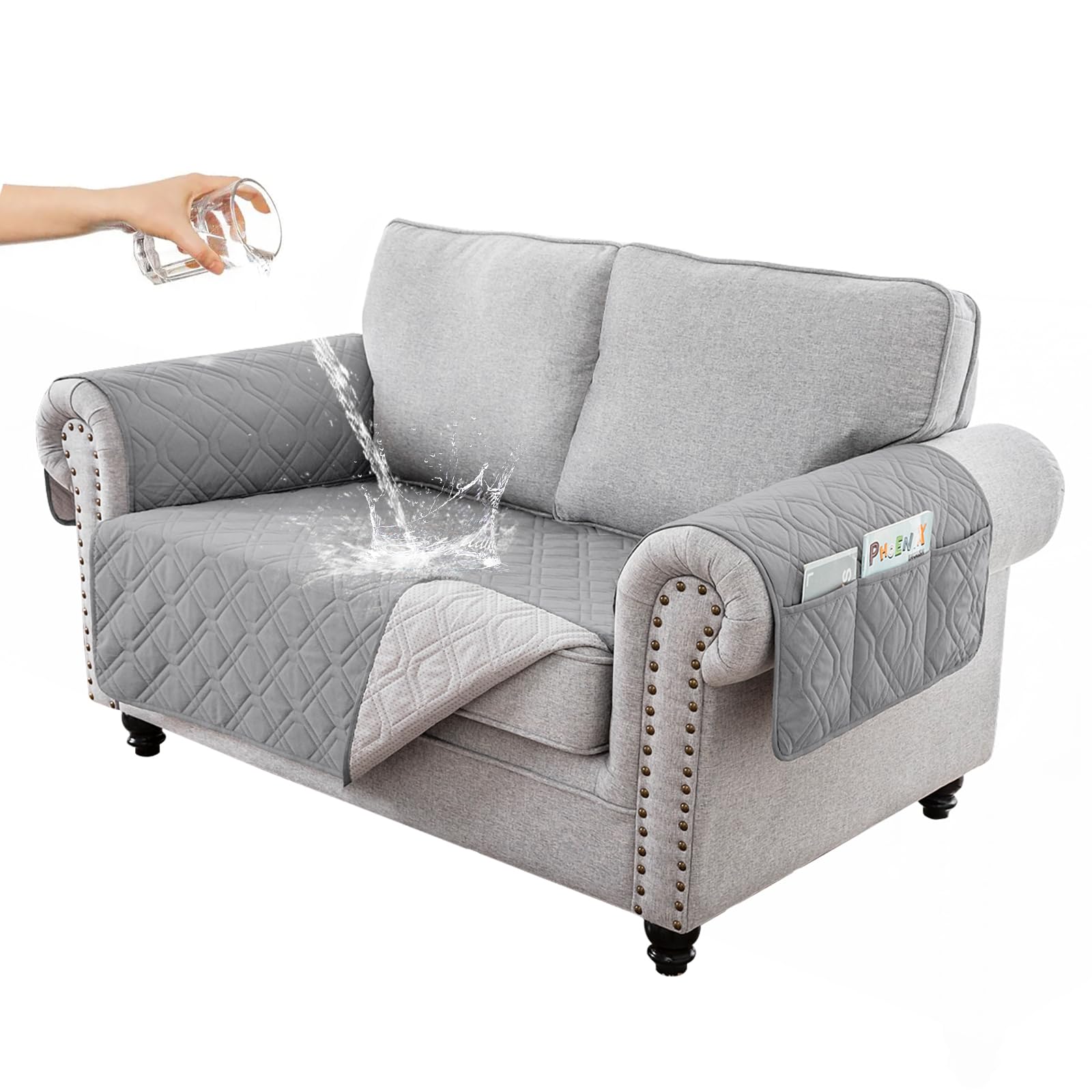 RAPRAP100% Waterproof Sofa Cover with Side Pockets, 2 Seater Sofa Protector for Children Pets Dog, Durable Non-Slip Two Seater Couch Covers, Washable,2 Seater