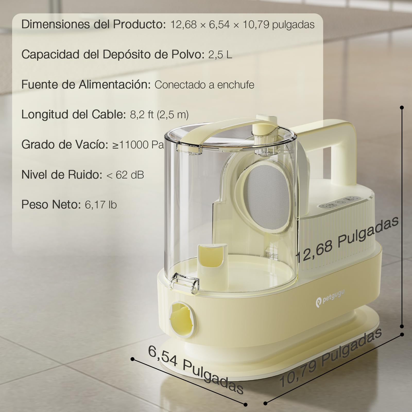 Maquinilla Eléctrica para Perros 7 en 1 con Aspirador de Pelo–Cortapelos Mascotas Silencioso 2,5L,Cepillo Aspirador para Perros y Kit de Higiene Profesional Amarillo