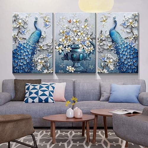 Miniatura 2 de Denozer - 3 paneles de cuadros de arte de pared en lienzo de pavo real - Cuadros elegantes de flores de pavo real sobre lienzo, decoración de pared