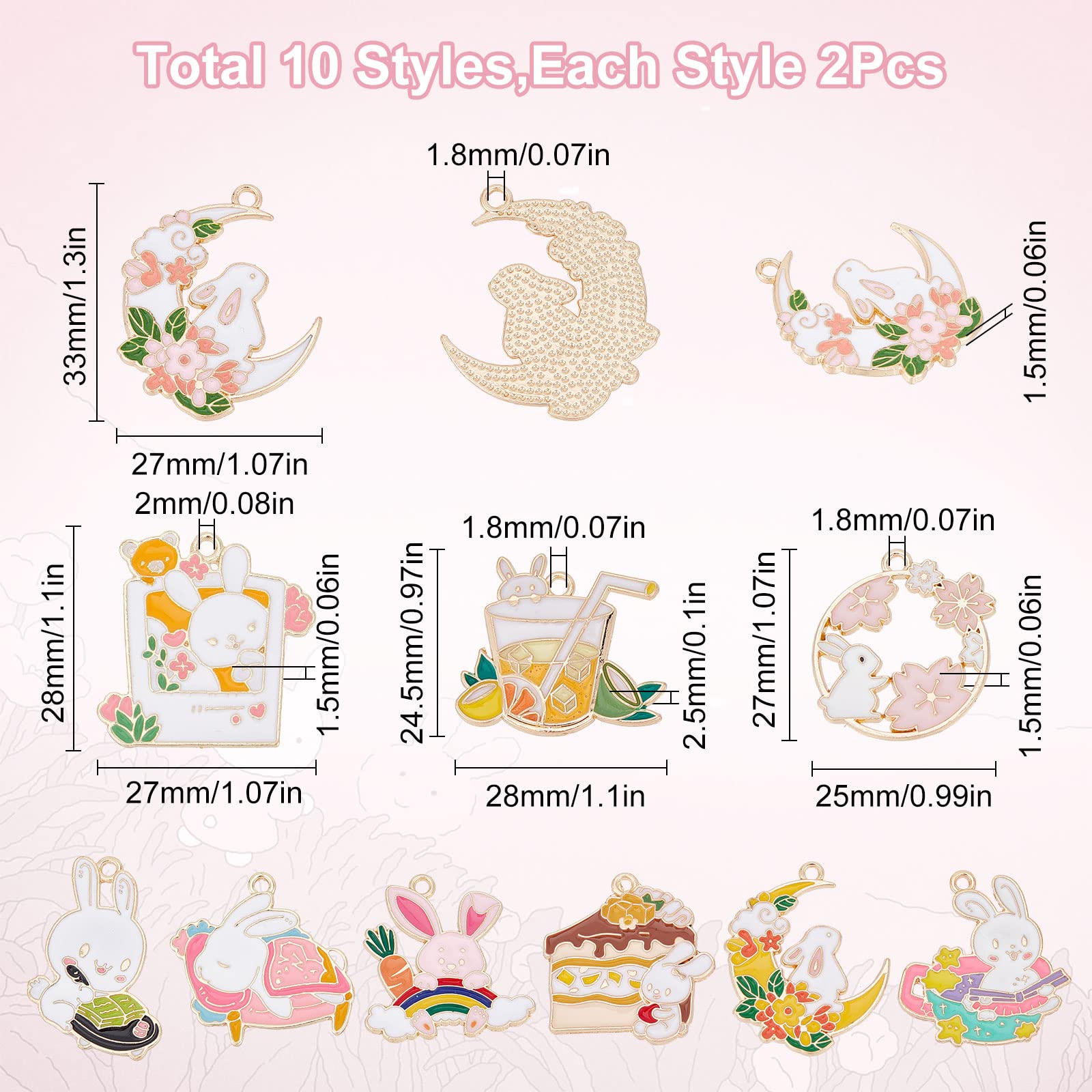 SUNNYCLUE 20Pcs Japanese Style Enamel Bunny Charm Set including Moon, Sakura Flower - Image 2