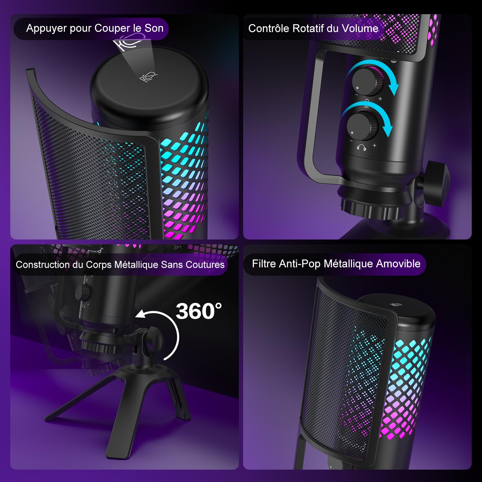 zealsound Micro Gaming PC, 96 kHz Métal USB Microphone à condensateur RGB pour Podcast, Streaming, Enregistrements et Voiceover, Discord, avec Muet et Gain – Plug & Play pour PC Smartphone et PS4/5