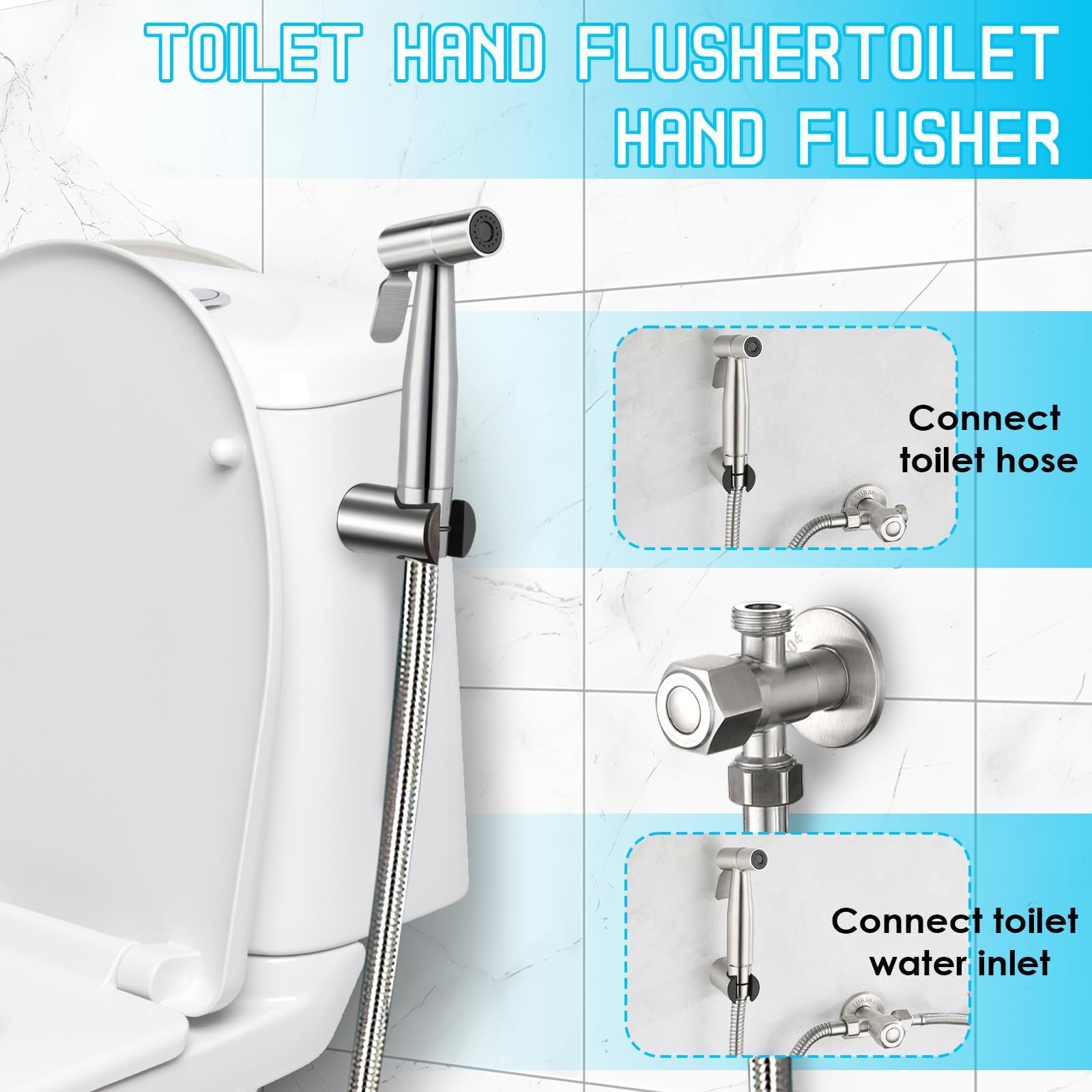 Bidet Handbrause Set mit 1,5 m Schlauch und 1/2 auf 3/8 Adapter, Edelstahl Handbrause für Toilette, Einfache Montage inkl. Zubehör für WC, Haustiere und Hygiene