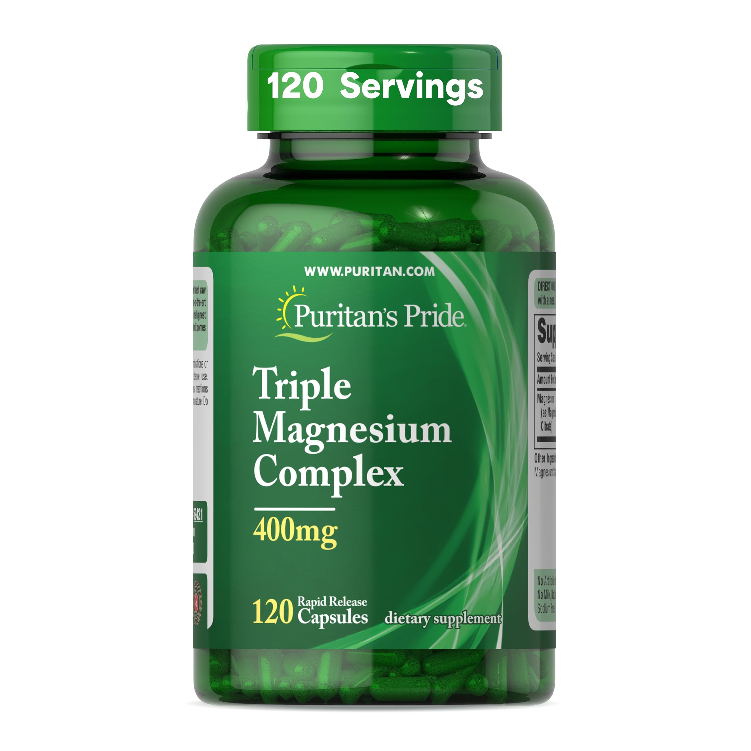 Puritan's Pride Triple Magnesium Complex 400mg, 120 Rapid Release Capsules Unflavored 120 Count (Pack of 1)
