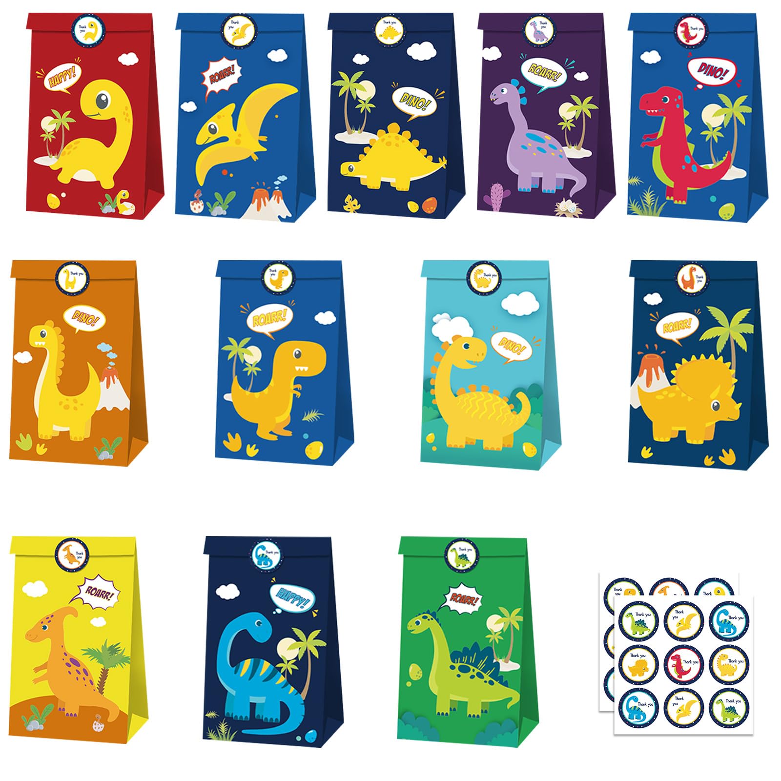 MORAINJAY 12 Pcs Dinosaur Paper Bags, Dinosaur Theme Party Goodie Bags, Kids Birthday Gift Treat Bag, Boys and Girls Party Favour Decoration Supplies, with 18 Stickers — image 1