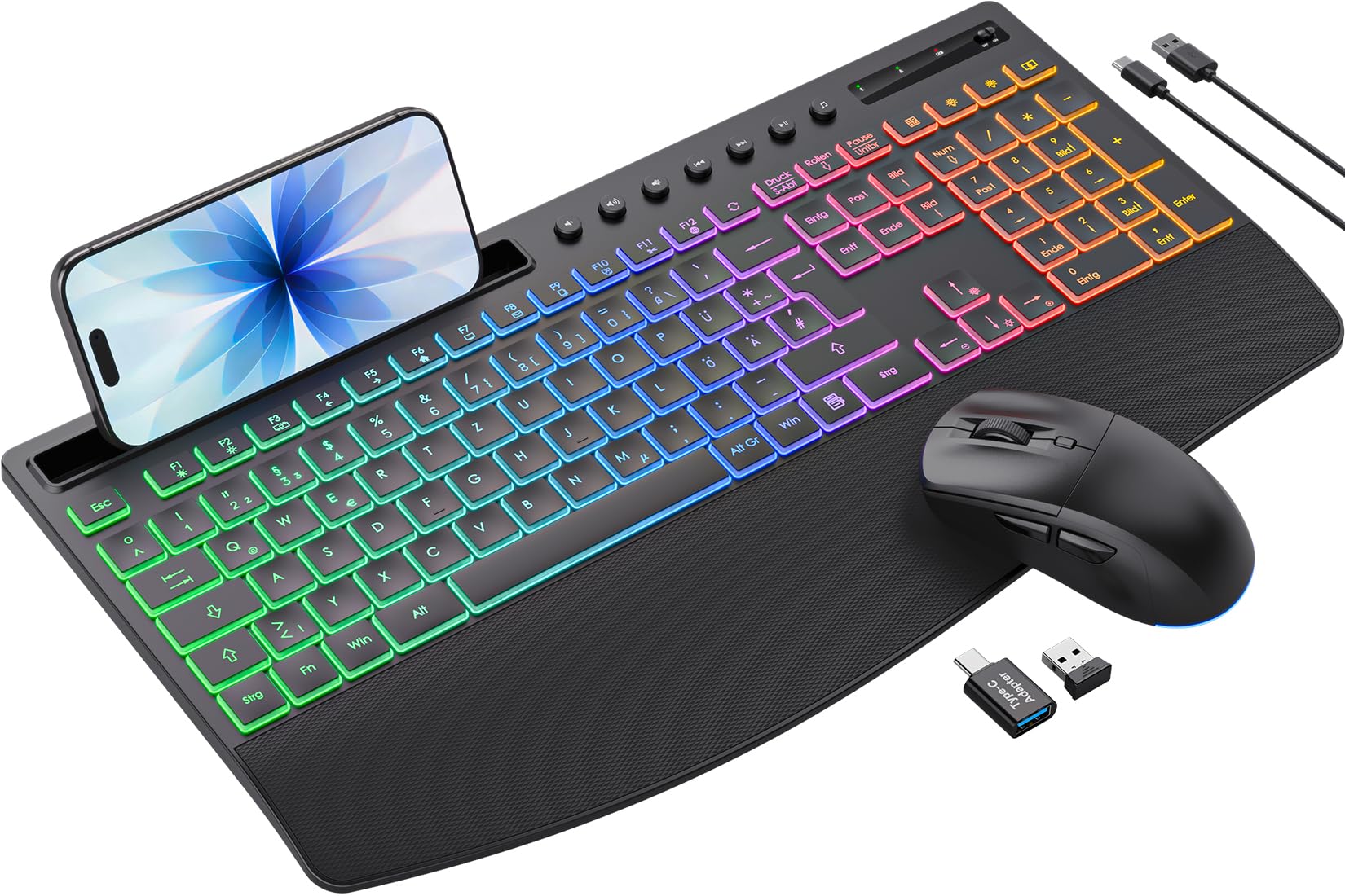 Tastatur Maus Set kabellos Beleuchtete, Wiederaufladbare Tastatur mit 4000 mAh Akku, Telefonhalter, Leise Tippen in Voller Größe, 3 DPI Maus, 2,4GHz USB-A/USB-C für Chrome OS